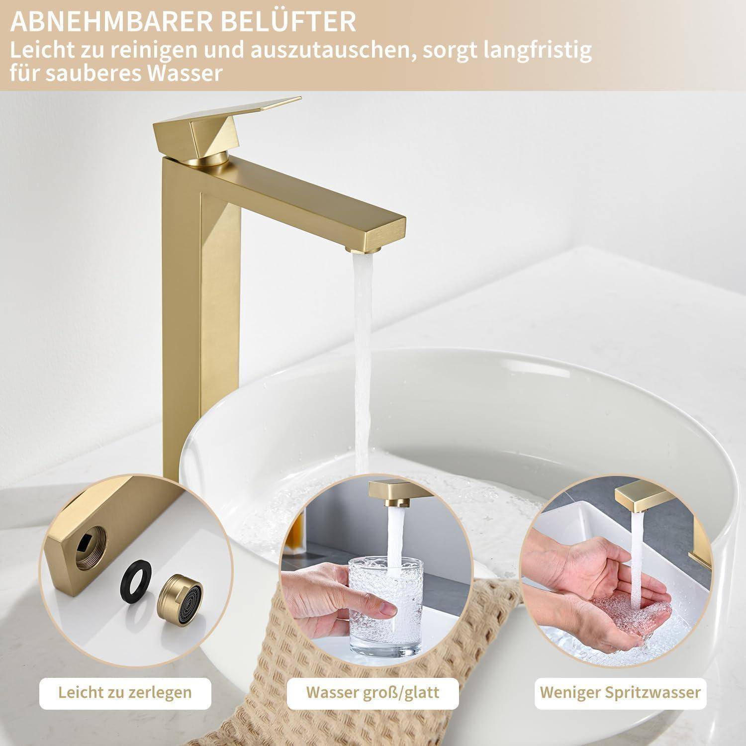 Wasserhahn Bad Gold - Waschtischarmatur Hoch aus Edelstahl mit Geräuscharmem Keramischem Ventilkern, Mischbatterie Waschbecken Hoch Auslaufhöhe 250