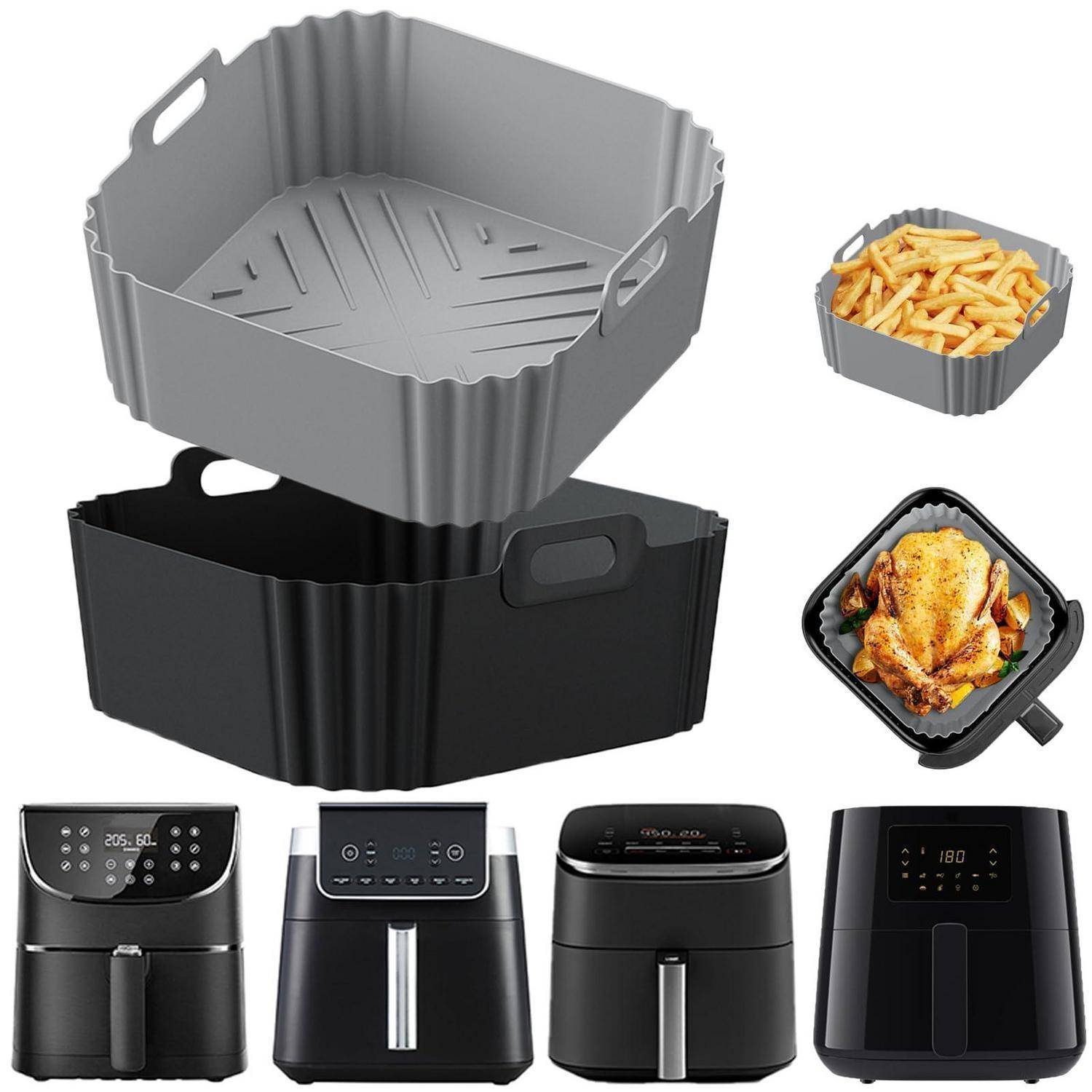 Collage zeigt quadratische Heißluftfritteusen-Einlagen und -Körbe in Grau und Schwarz, sowie eine Heißluftfritteuse, die Pommes kocht, und ein Brathähnchen in Heißluftfritteusen-Öfen.