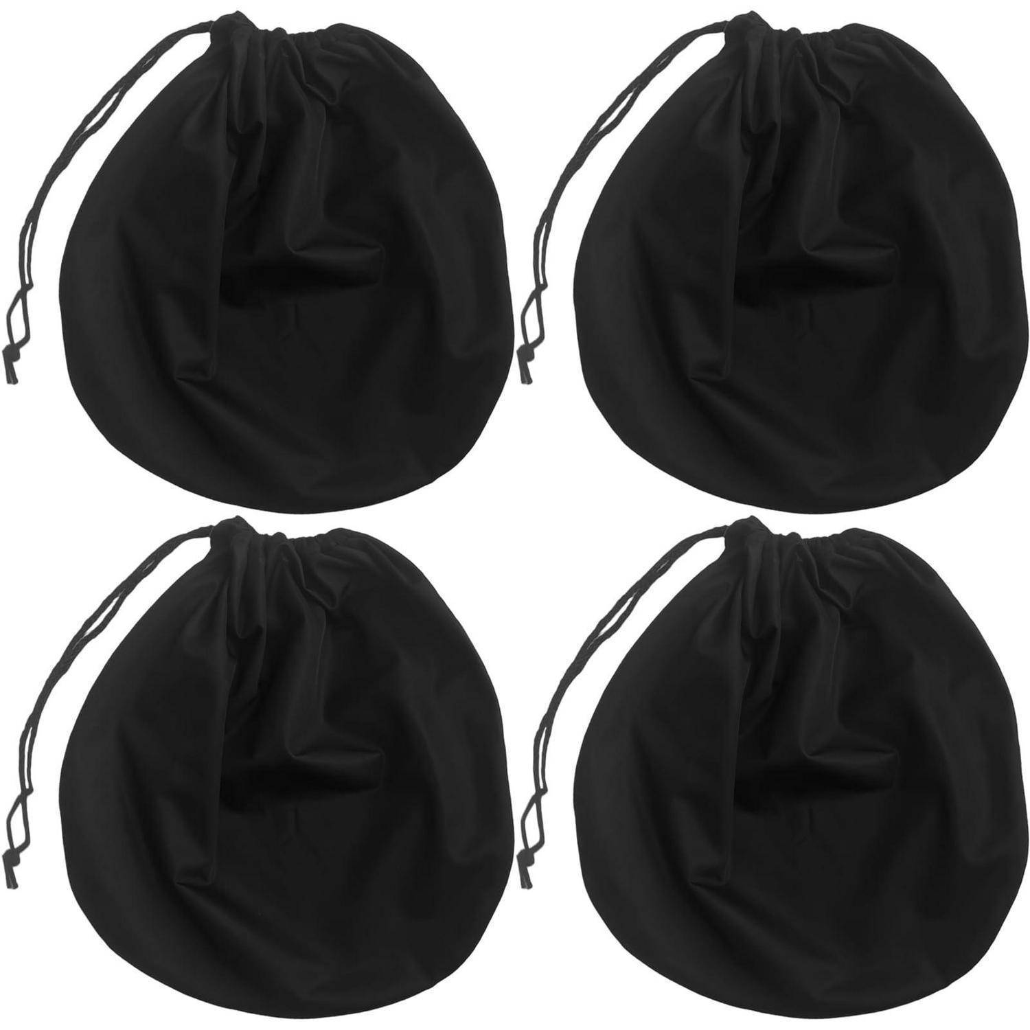 Vier schwarze Kordelzugtaschen in einem 2x2-Raster auf weißem Hintergrund angeordnet.