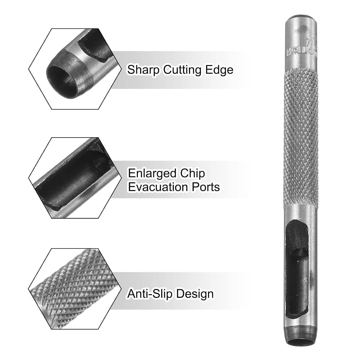 Annotiertes Metalltool mit scharfer Schneidkante, vergrößerten Spanaustrittslöchern und rutschfestem Riffelgriff.