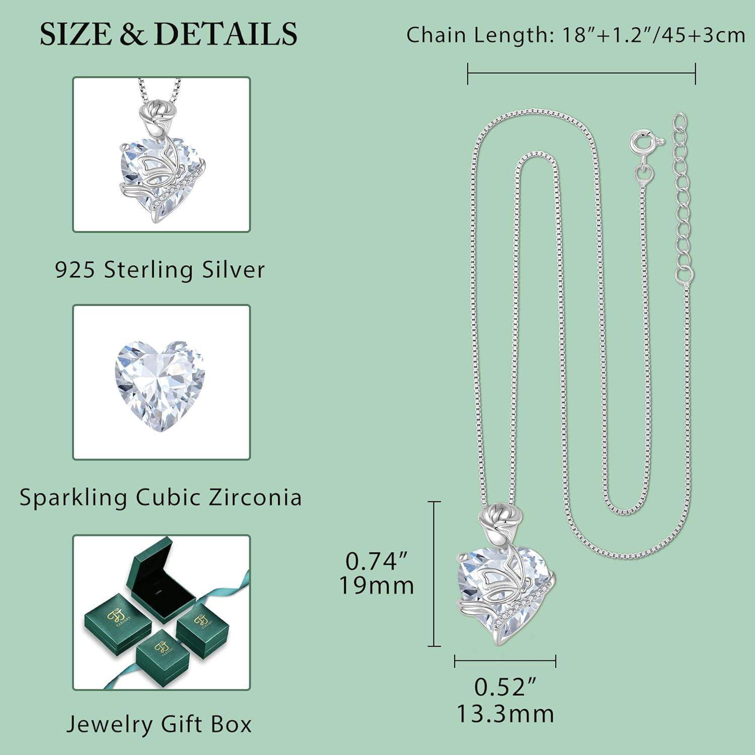 Größe und Details für eine Halskette mit Herzanhänger aus 925er Sterlingsilber mit funkelnden kubischen Zirkonia, Kette 18+1,2 Zoll, Anhänger 0,74 x 0,52 Zoll, Geschenkbox enthalten.