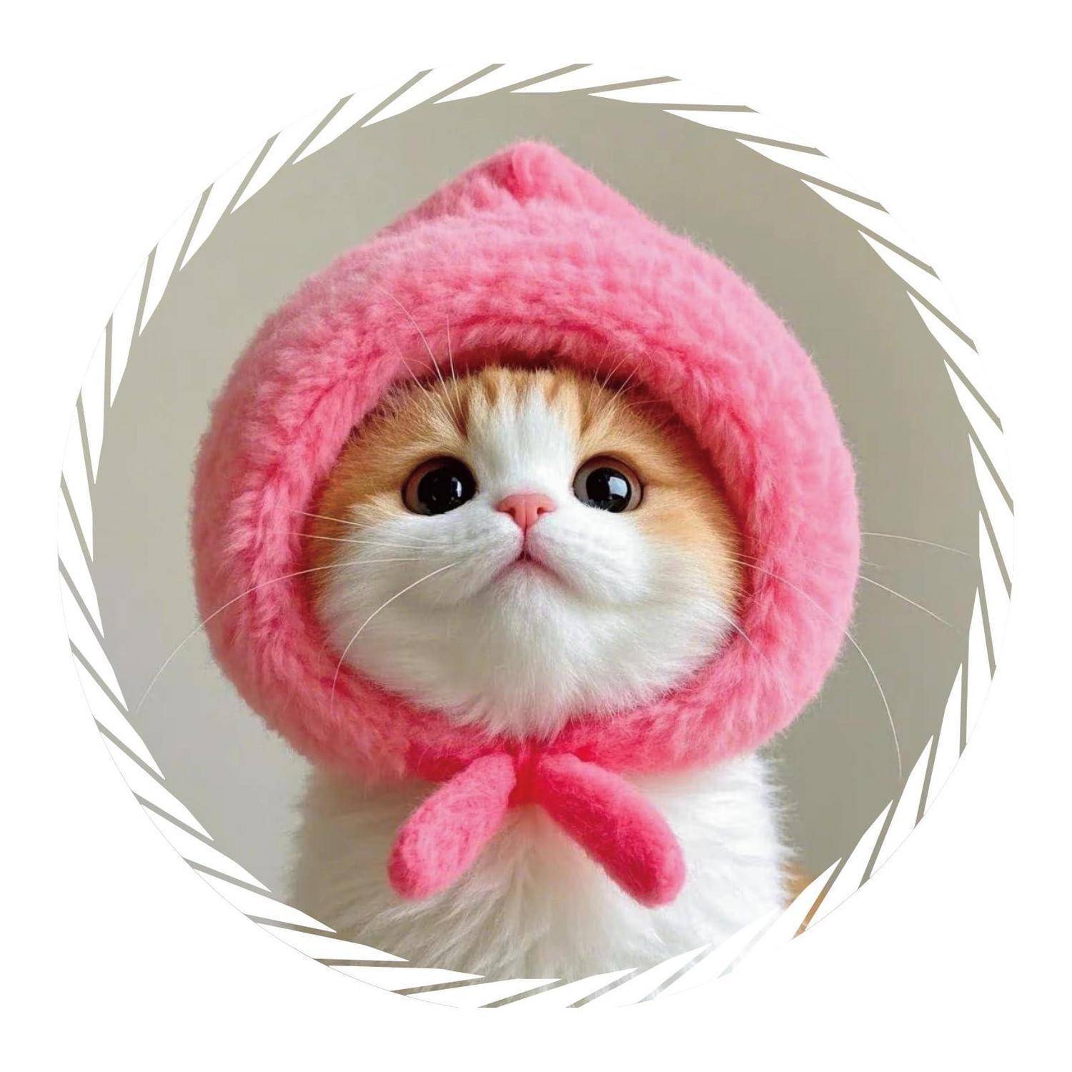 Nahaufnahme eines flauschigen weiß-orangen Kätzchens, das eine rosa gestrickte Kapuze trägt, zentriert in einem dekorativen Rundrahmen.
