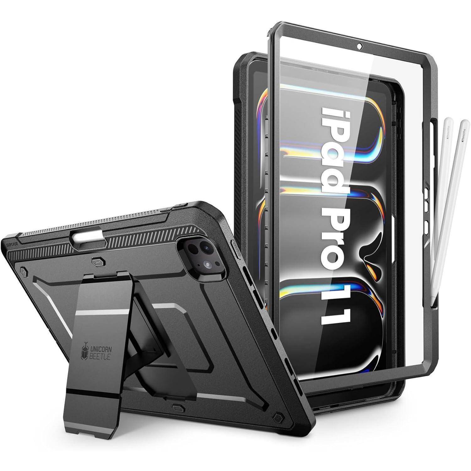 Schwarze robuste Schutzhülle und Ständer für iPad Pro 11, gezeigt mit Vorderrahmen, Rückabdeckung und Apple Pencil-Halter.