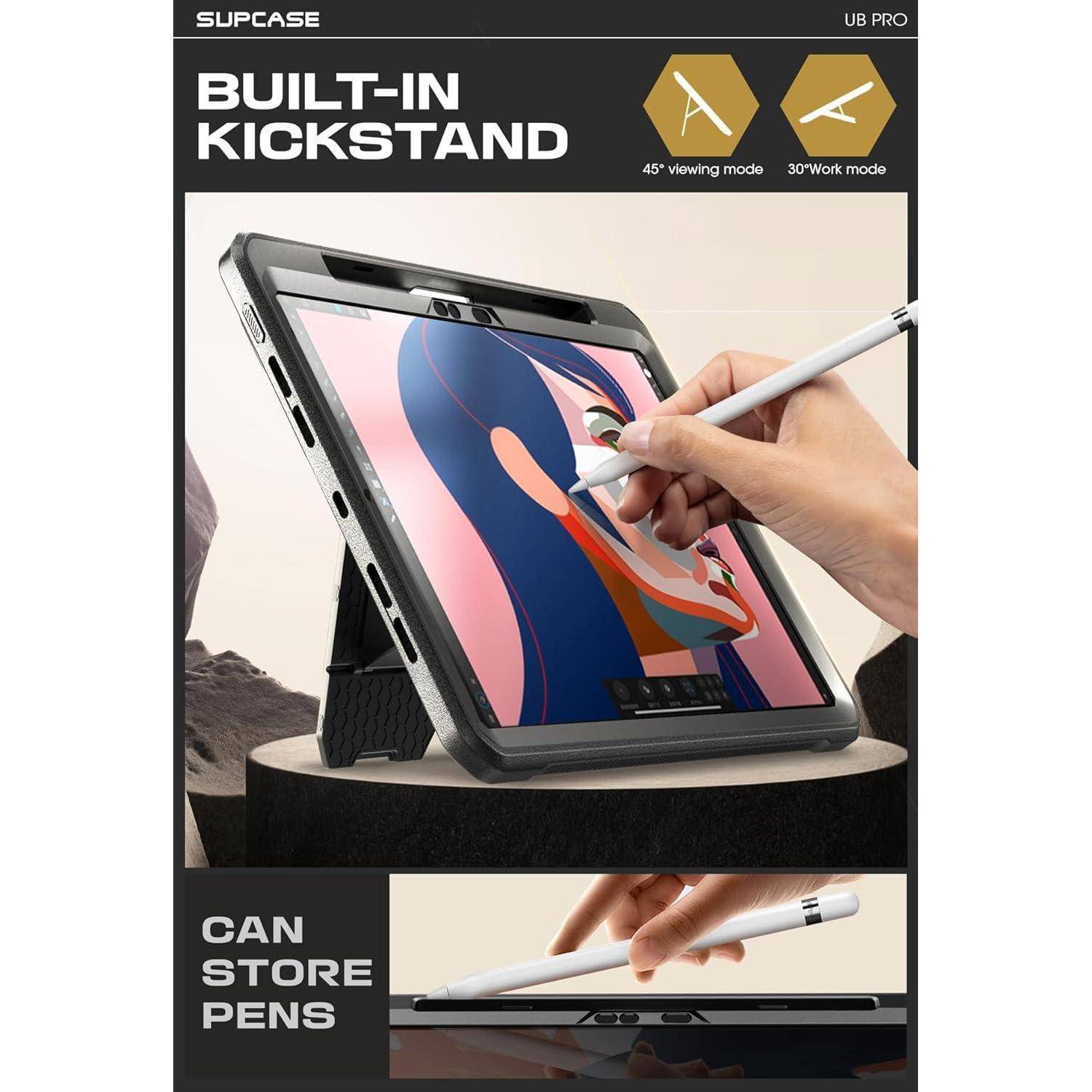 Werbebild eines Tablet-Cases mit integriertem Ständer und Stiftablage, das das Tablet aufrecht in den Modi 45° Ansicht und 30° Arbeit zeigt, während mit einem Stylus gezeichnet wird.