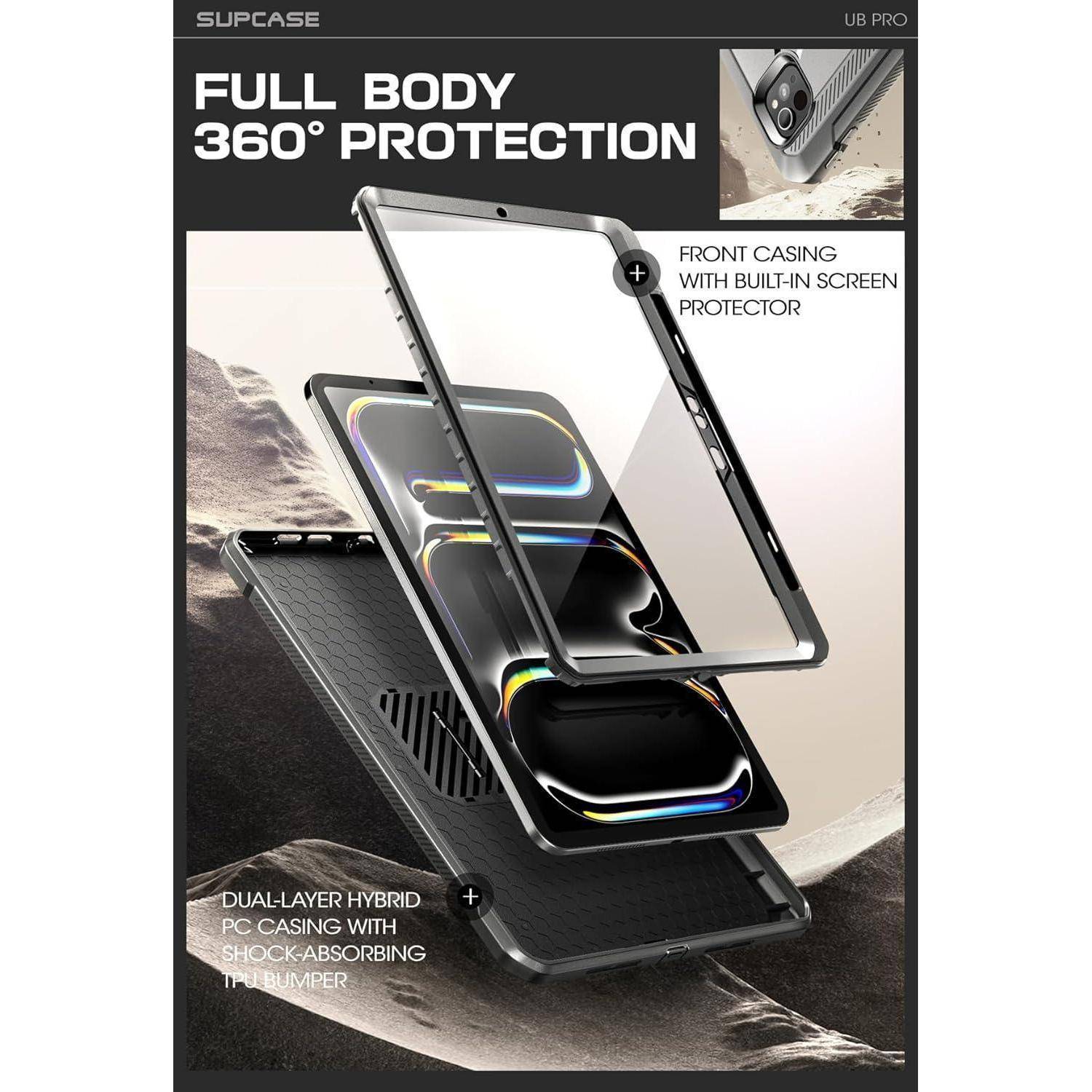 Werbegrafikc für eine Handyhülle mit dem Text "VOLLSTÄNDIGER RUNDUMSCHUTZ 360°"" und ""VORDERE SCHUTZHÜLLE MIT INTEGRIERTEM DISPLAYSCHUTZ"" sowie ""ZWEISCHICHT-HYBRID-PC-GEHÄUSE MIT STOSSABSORBIERENDEM TPU-RAND"".