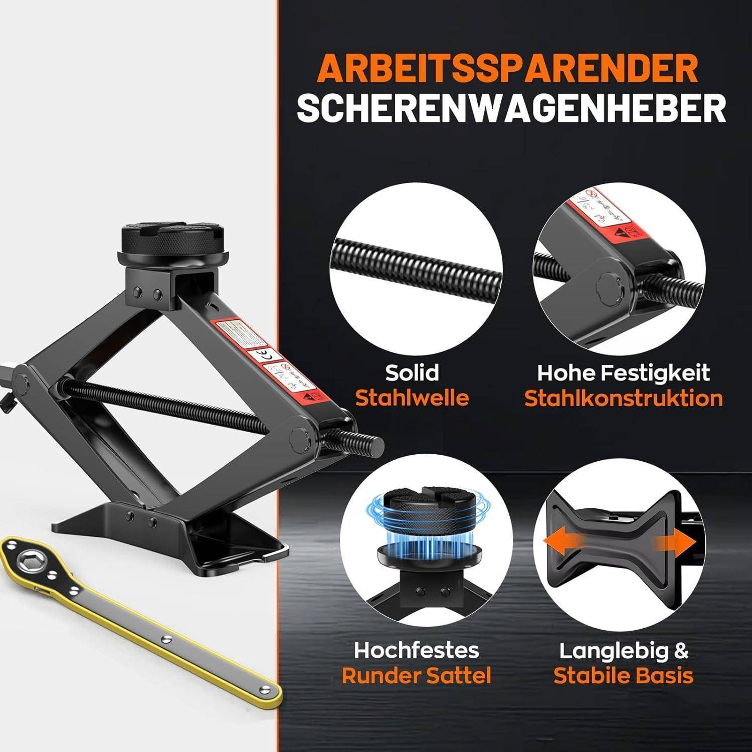 Universelle Wagenheber 3T, Neues Upgrade Scherenwagenheber Set mit 2Pcs Wagenheber Gummiauflage Schützt PKW, Tragbarer Car Jack mit Radmutternschlüs