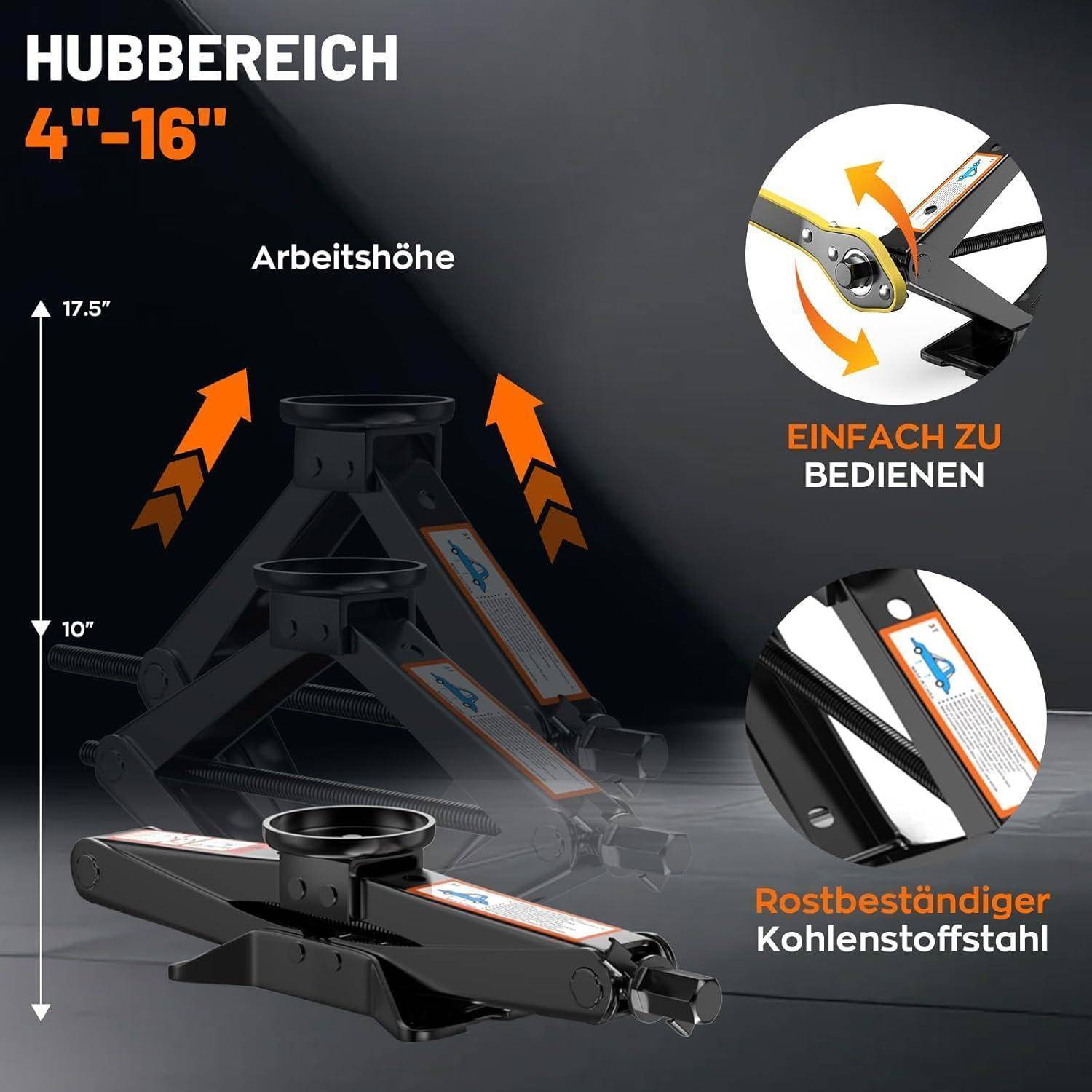 Universelle Wagenheber 3T, Neues Upgrade Scherenwagenheber mit 2Pcs Wagenheber Gummiauflage Schützt PKW, Tragbarer Car Jack mit Radmutternschlüssel