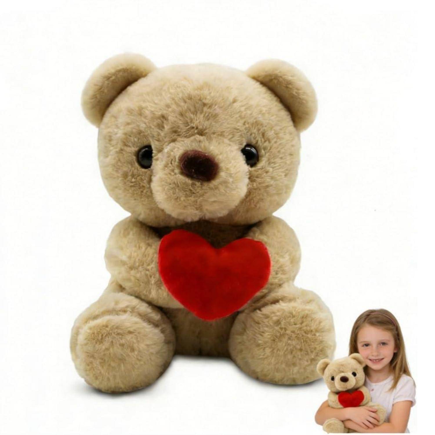 Großer beiger Teddybär, der ein rotes Herz hält, mit einem lächelnden kleinen Mädchen, das einen kleineren Teddybär in der Ecke umarmt.