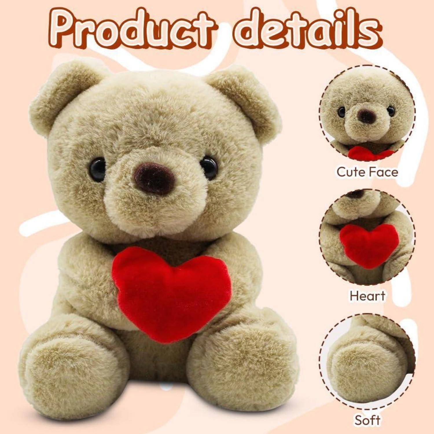 Teddybär Plüschbär mit Herz, Plüsch-Bär, Teddy mit Liebe, 23 cm Teddybären Rose Stofftier Spielzeug Dekozimmer, Plüschtier Kuscheltier Schmuset