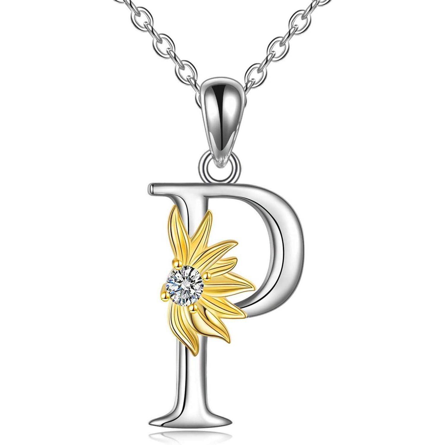 Silberner Buchstabe-P-Anhänger an einer Kette, akzentuiert mit einer goldenen Blume und einem klaren Edelstein.
