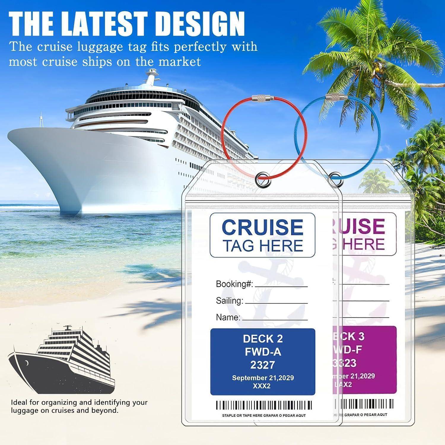 Werbung für Kofferschilder für Kreuzfahrten mit der Aufschrift „CRUISE TAG HERE", das ein Kreuzfahrtschiff, einen Palmenstrand und zwei Schilderdesigns für Decks- und Fahrtdetails zeigt.