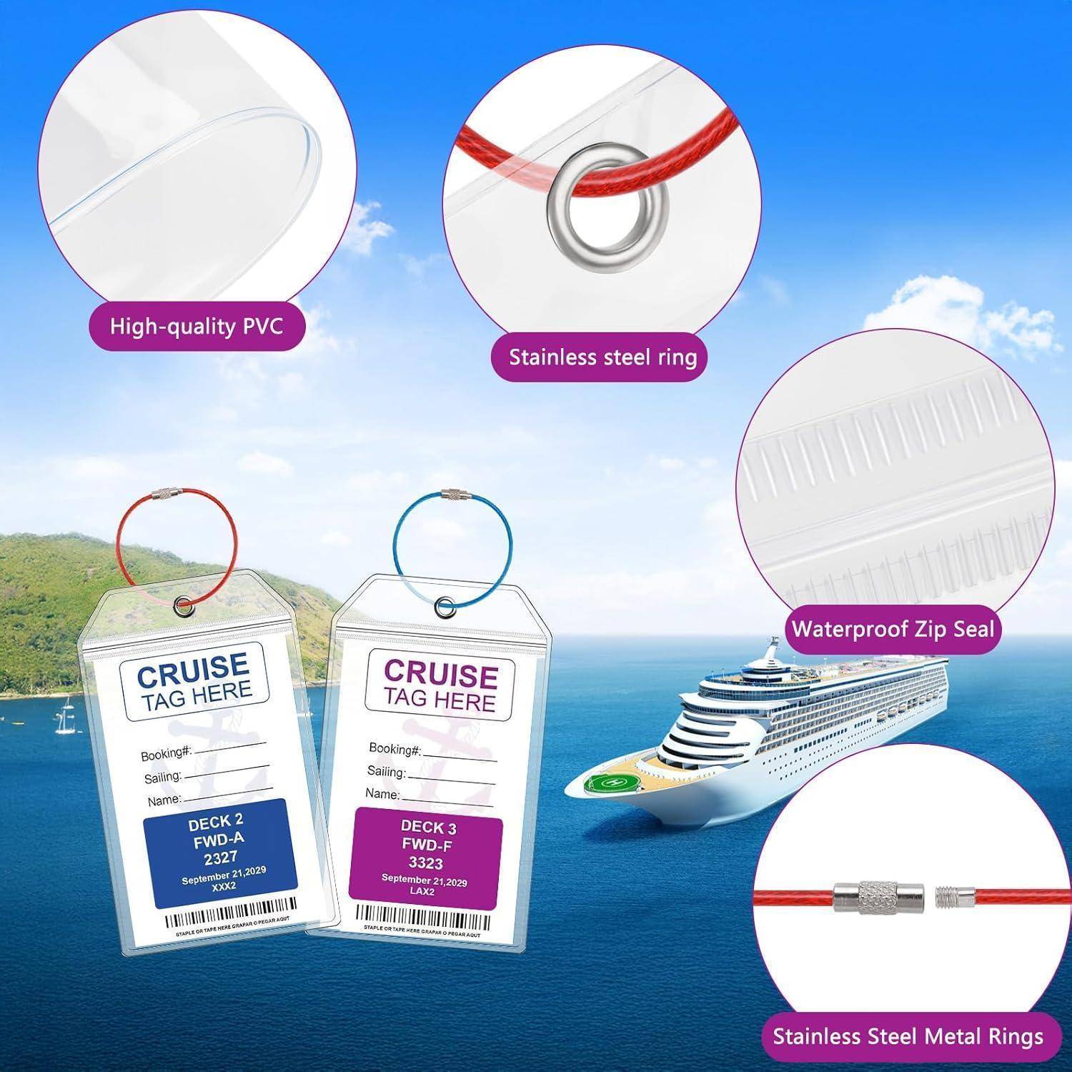 Kofferanhänger für Kreuzfahrten aus PVC-Material, mit Edelstahlring, wasserdichtem Reißverschluss, und Metallkabelringen; gezeigt vor Kreuzfahrtschiff-Hintergrund.