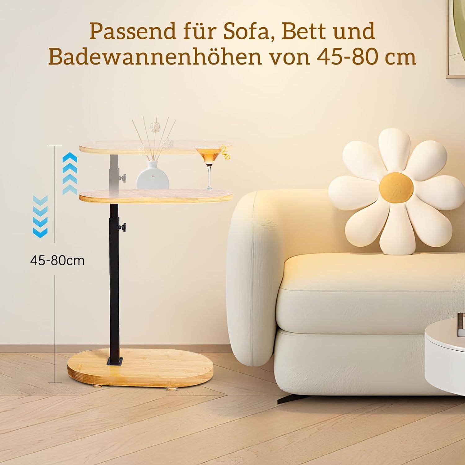 Beistelltisch neben dem Sofa, mit verstellbarer Höhe 45-80 cm und Text auf Deutsch, der angibt, dass er sich für Sofa-, Bett- und Badewannenhöhen eignet.