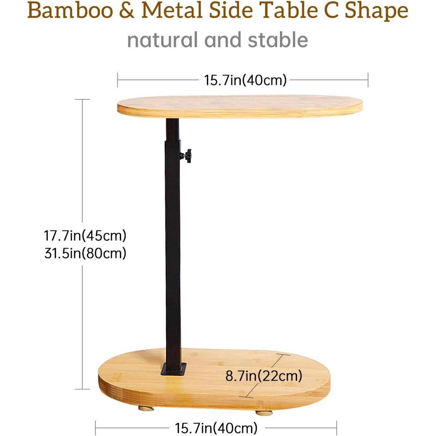 Diagramm eines bambus- und metallgestaltigen C-förmigen Beistelltisches mit den Abmessungen: 15,7 Zoll breit, 17,7 Zoll und 31,5 Zoll hoch, 8,7 Zoll Basistefe.
