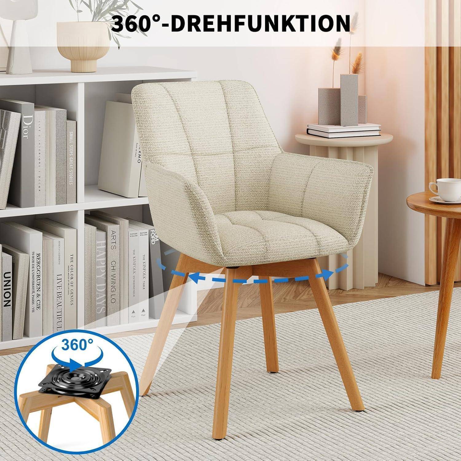 6er Set Drehbare Esszimmerstühle, 360° Drehstuhl mit Armlehnen Holzbeinen, Samtstoff Polsterstuhl für Esszimmer, Wohnzimmer, Küche, Schlafzimmer,