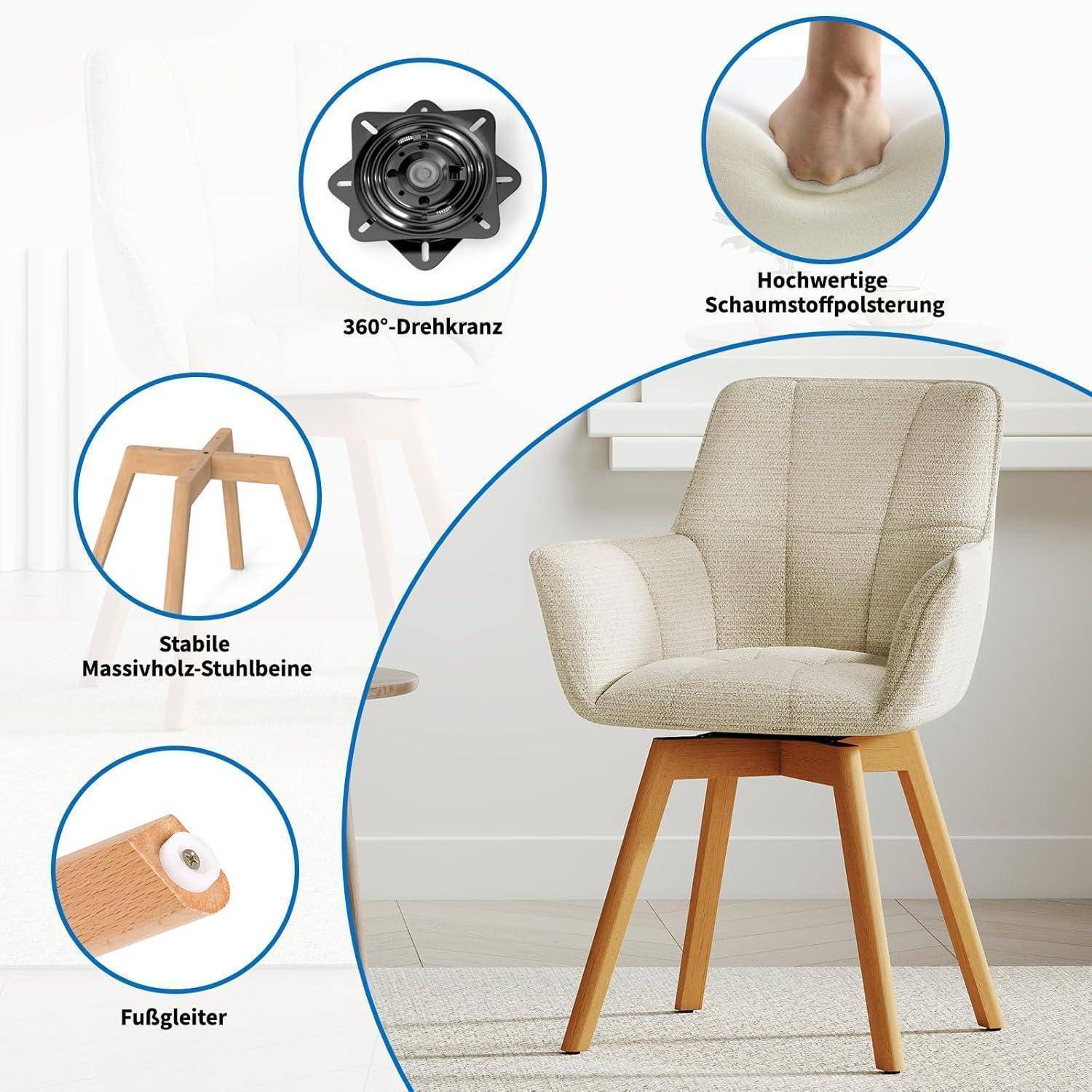 6er Set Drehbare Esszimmerstühle, 360° Drehstuhl mit Armlehnen Holzbeinen, Samtstoff Polsterstuhl für Esszimmer, Wohnzimmer, Küche, Schlafzimmer,