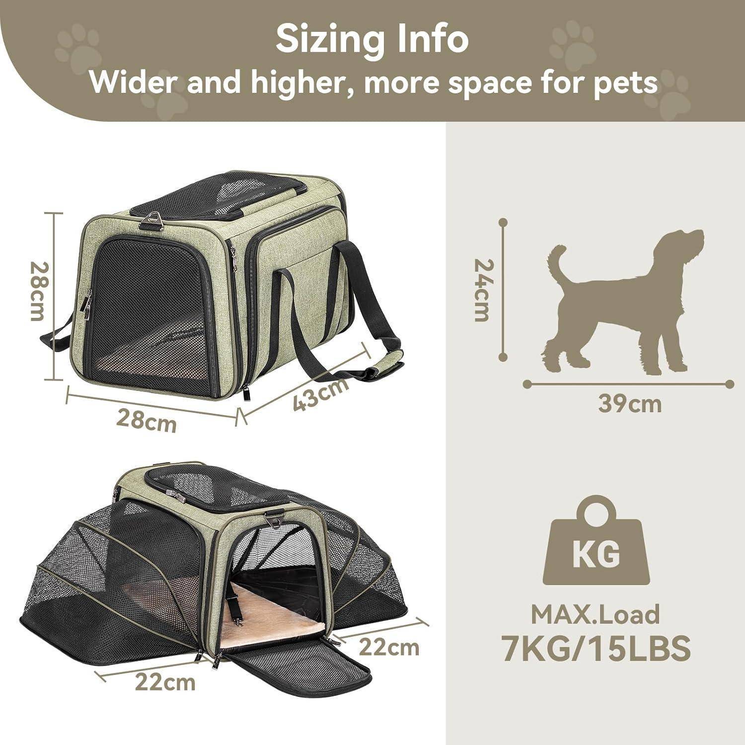 Größenangaben für eine Tiertragetasche: 28 x 28 x 43 cm Tasche, geeignet für Haustiere bis 24 x 39 cm, maximale Belastung 7 kg/15 lb.