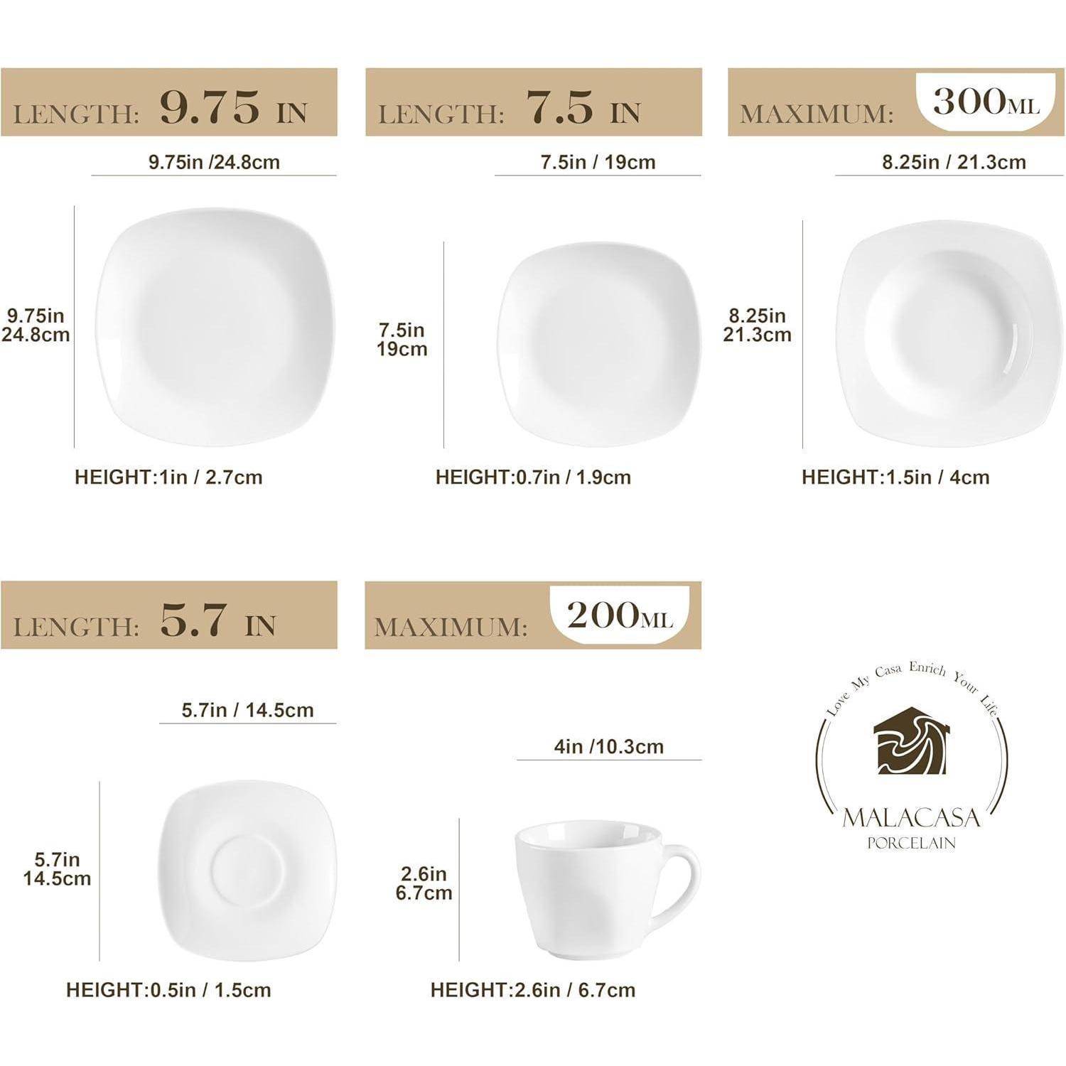 Größentabelle für weißes Porzellangeschirr und Becher mit Angaben zu Längen, Höhen und Fassungsvermögen: 9,75 Zoll, 7,5 Zoll, 300 ml, 5,7 Zoll und 200 ml.