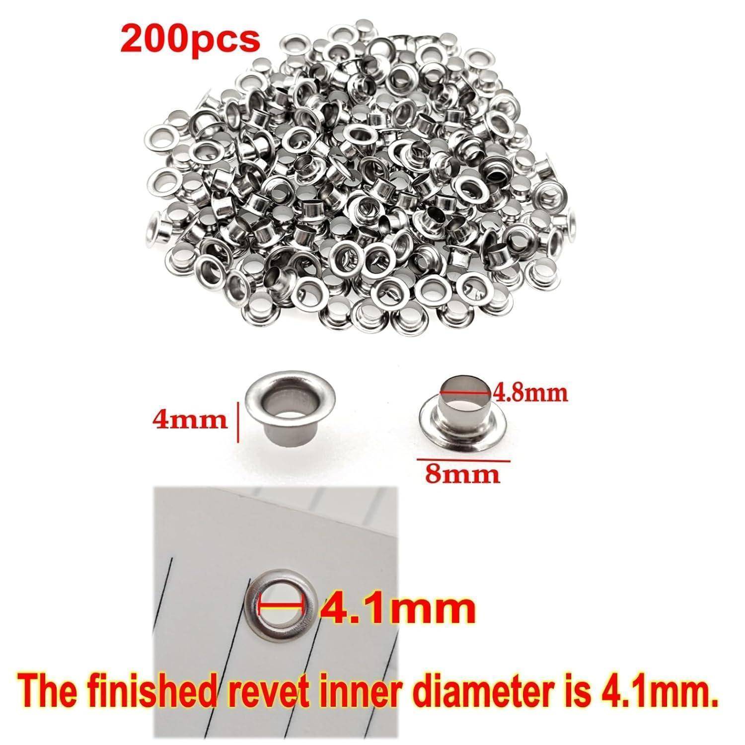 200 silberfarbene Metallösen, bezeichnet als 4mm mit 4,8mm Außendurchmesser; fertiggestellter Nietzylinder mit 4,1mm Innendurchmesser.