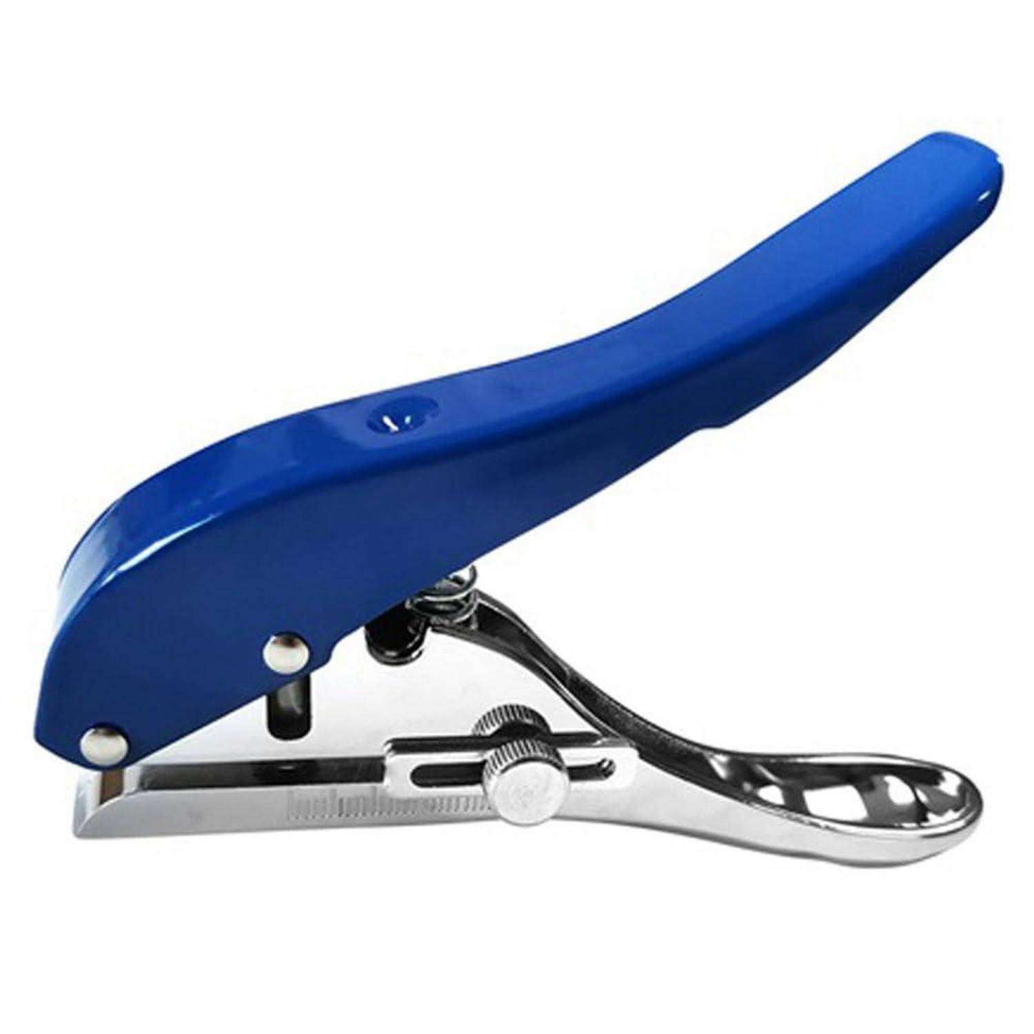 Blauer tragbarer Tacker auf weißem Hintergrund, in Seitenansicht mit angehobenem Hebel gezeigt.