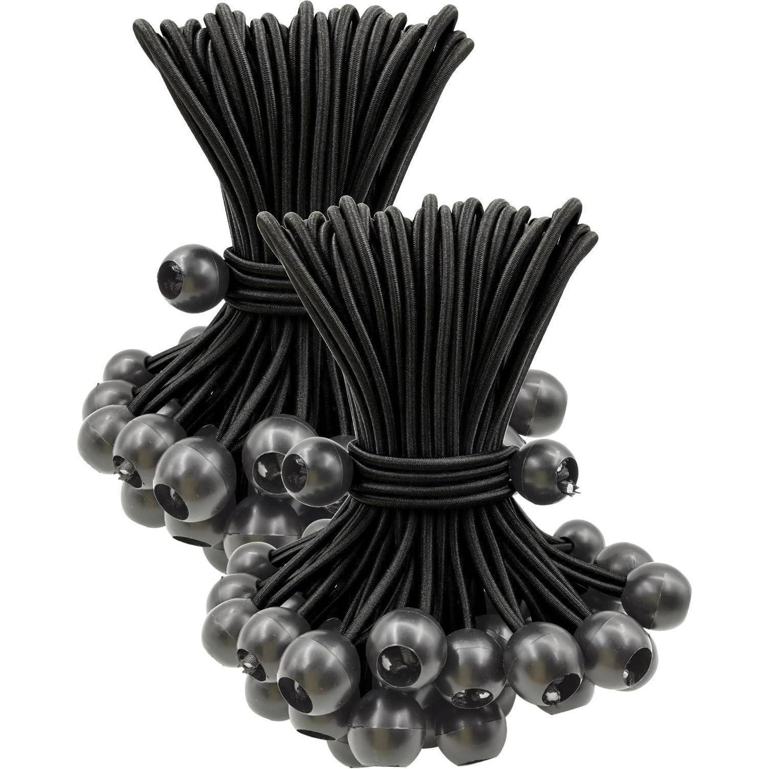 Bündel aus schwarzen elastischen Schnüren mit kleinen runden Metallkugeln auf weißem Hintergrund, dargestellt als zwei gebundene Pakete.