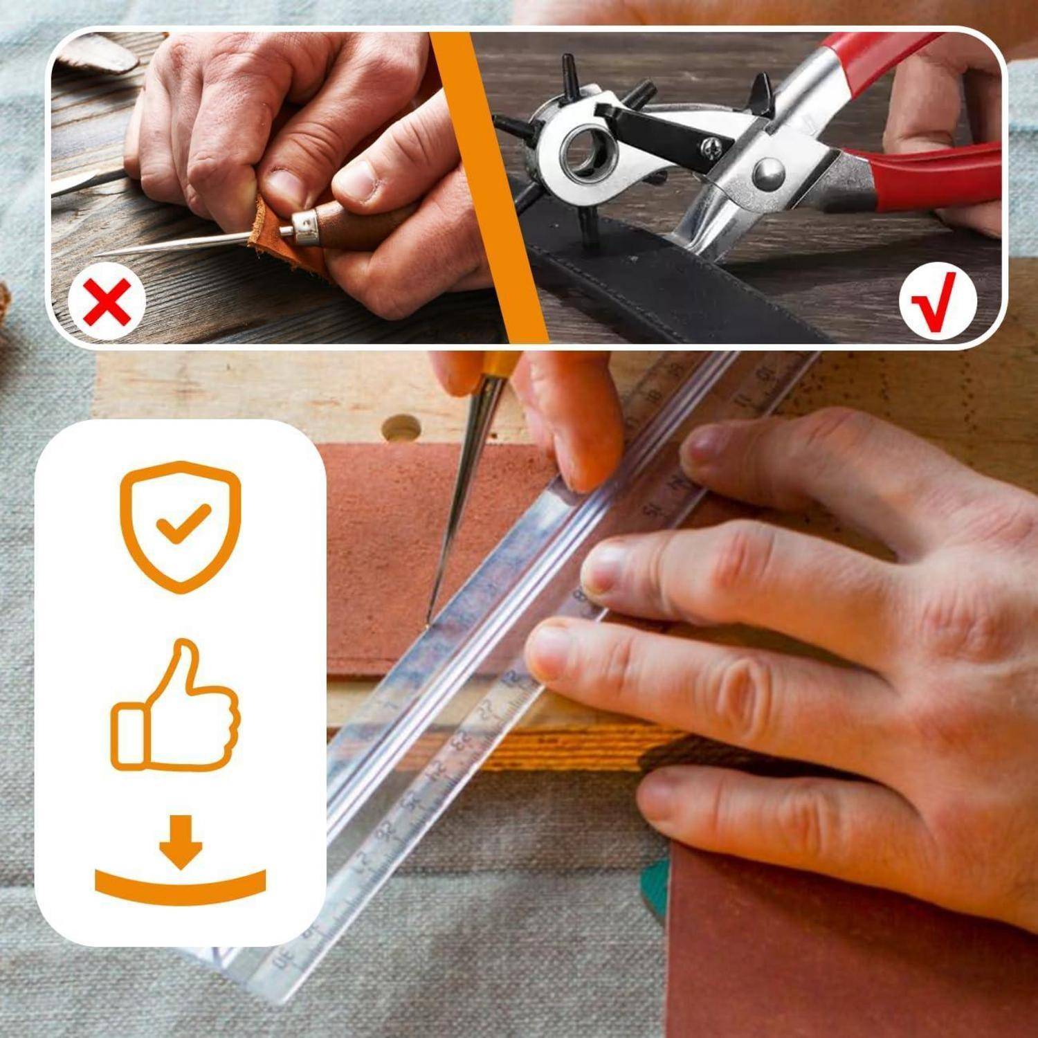 Wie man Material sicher schneidet: Vermeiden Sie ein Messer und verwenden Sie eine Schere auf der markierten Linie, geleitet durch ein Lineal und ruhige Hände.