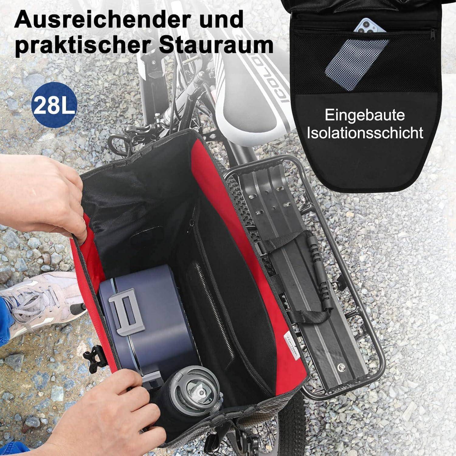 Fahrrad-Gepäckträgertasche auf dem Boden geöffnet, mit 28L Speicherkapazität und isoliertem Futter, mit Ausrüstung im Inneren und deutschem Text, der praktische Lagerung hervorhebt.