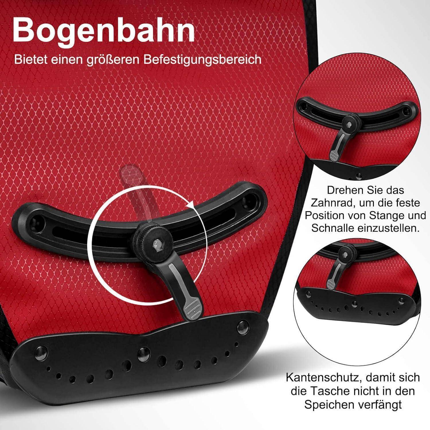 Illustration eines Kurbelarms mit „Bogenbahn"-Design, das eine größere Montagefläche und ein rotierendes Zahnrad zur Einstellung von feststehenden Pedal- und Kurbelstellungen zeigt, mit Kantenschutz, um zu verhindern, dass Riemen von Taschen hängen bleiben.