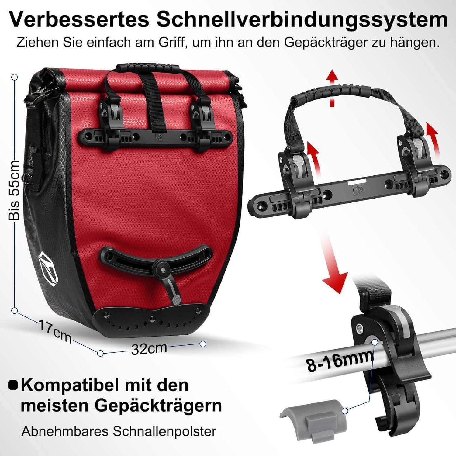 Rote Fahrrad-Seitentasche mit Quick-Release-Gepäckträgermontagesystem; zeigt Taschenmessungen, verstellbare 8–16 mm Klemme und Kompatibilität mit den meisten Gepäckträgern.