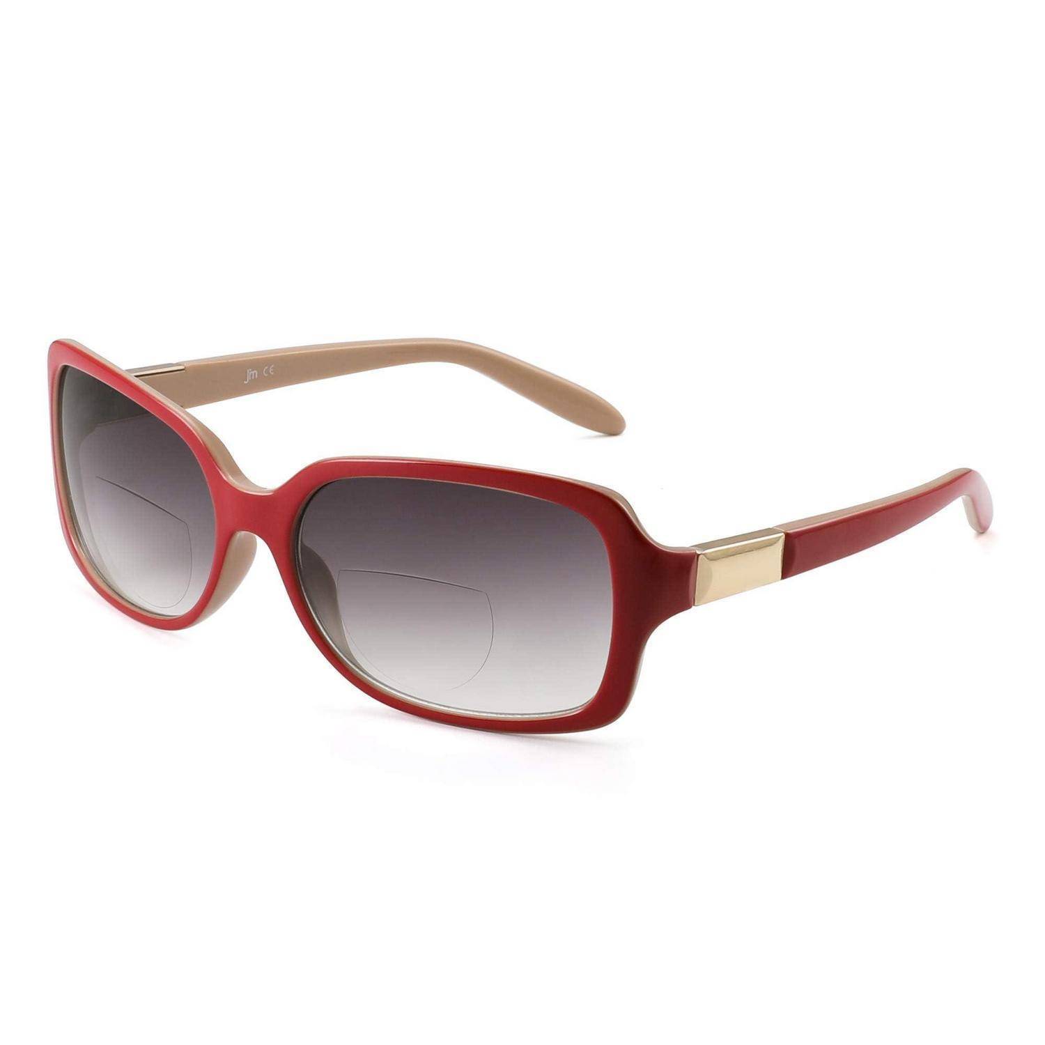 JM Klassische Bifokale Sonnenbrille Lesebrille Quadratischer Stilvoller Farbverlauf Sonnenbrillen-Leser für Frauen Rot 3.75 x