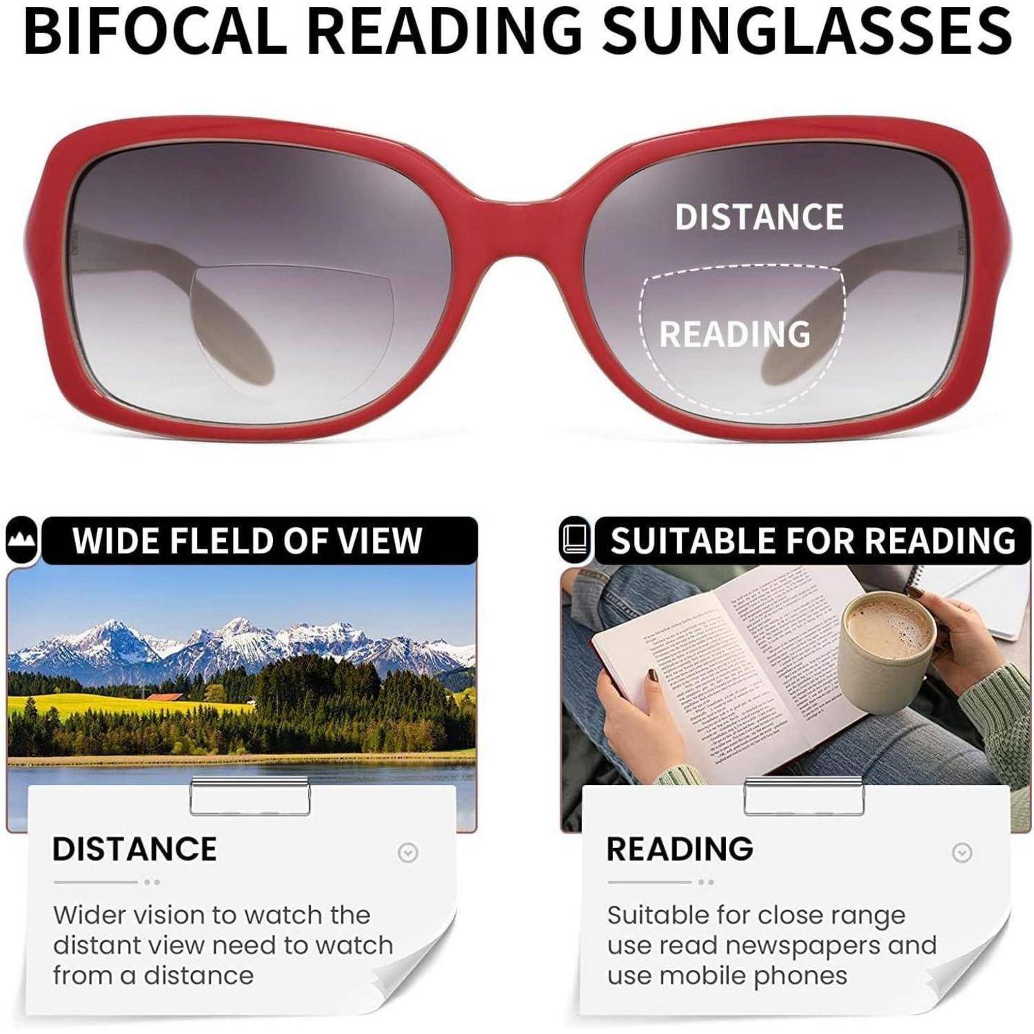 JM Klassische Bifokale Sonnenbrille Lesebrille Quadratischer Stilvoller Farbverlauf Sonnenbrillen-Leser für Frauen Rot 3.75 x