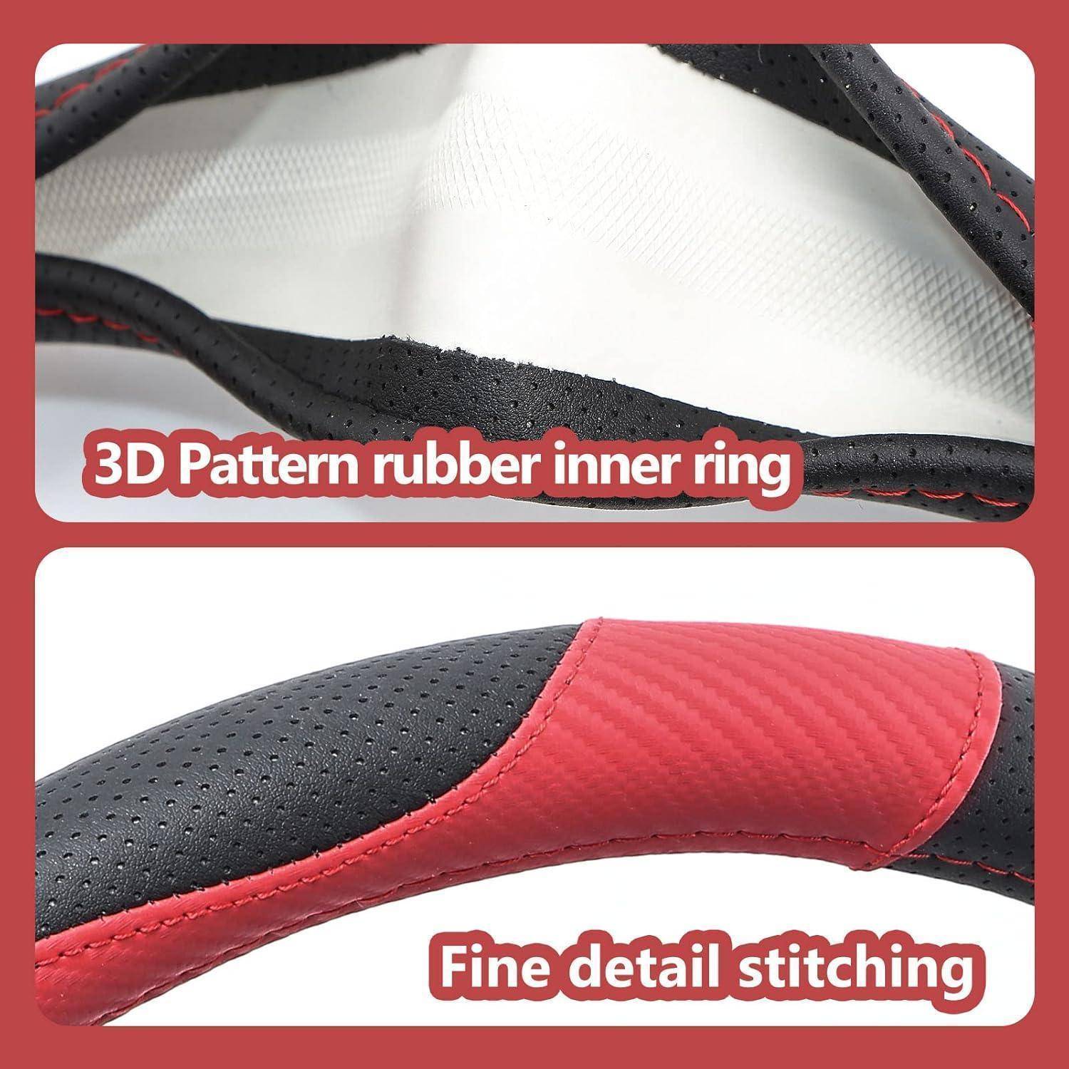 Nahaufnahme einer schwarz-roten Lenkradabdeckung, die einen 3D-Muster-Gummiinnenring und feine Nahtdetails zeigt.