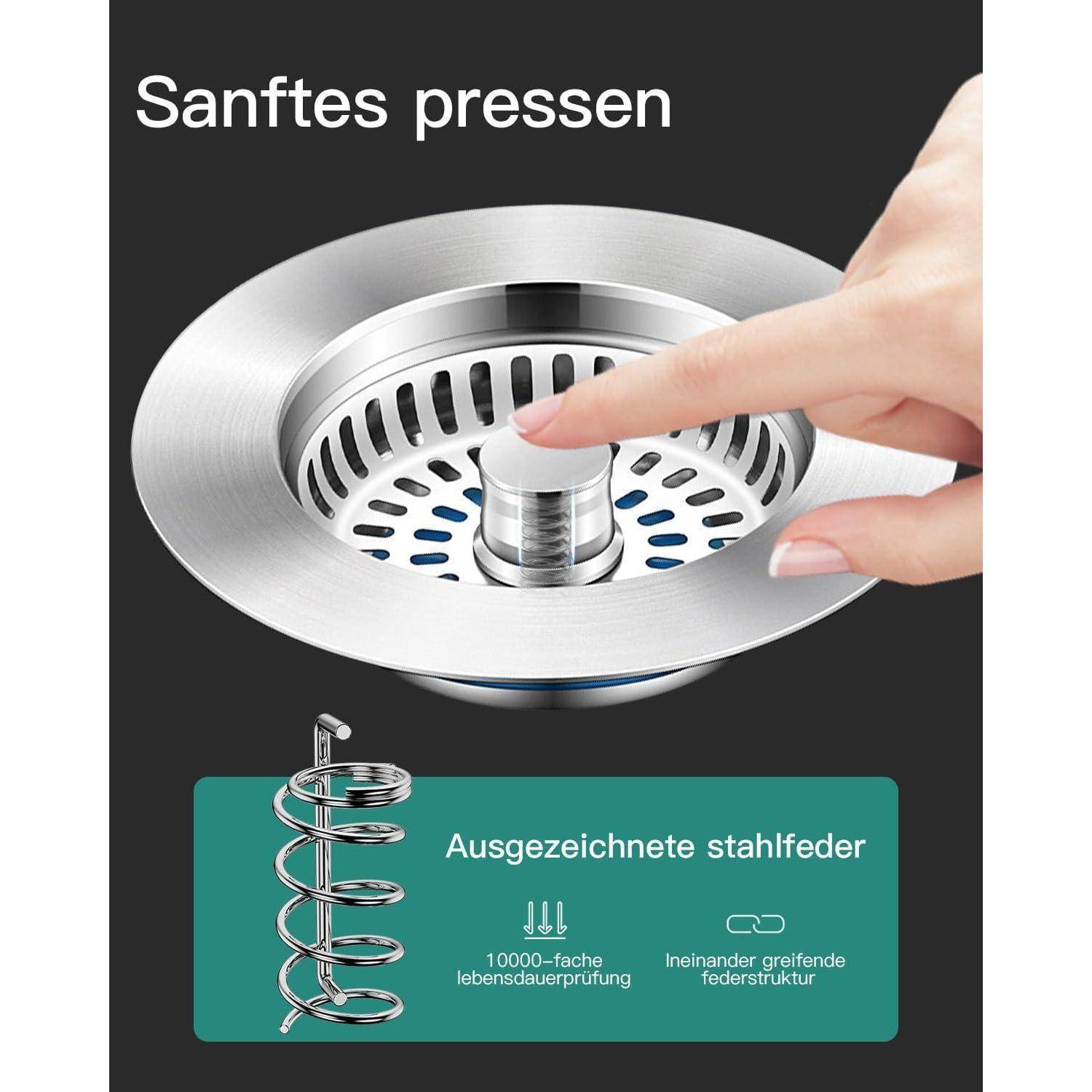 Hand drückt einen Edelstahlspülbechenabflussstöpsel; deutscher Text besagt „Sanftes Pressen