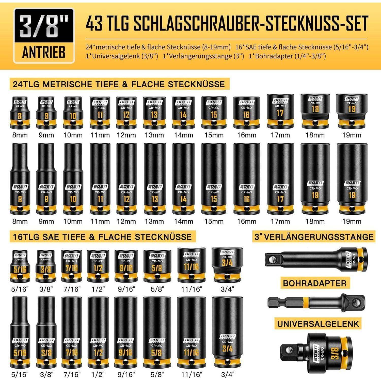 Deutsches Produktdiagramm für einen 43-teiligen 3/8-Zoll-Steckschlüsselsatz mit metrischen und SAE-Tiefsteckschlüsseln und Flachsteckschlüsseln, Verlängerungsstange, Bohraufsatz und Universalgelenk.