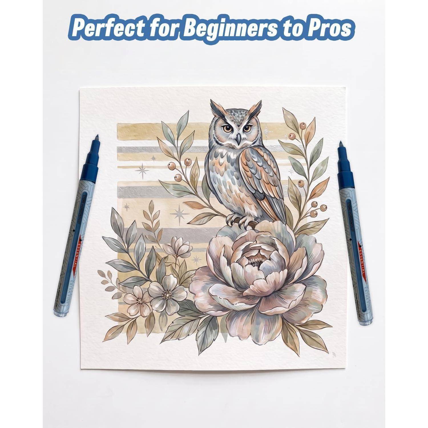 Dekorative Illustration einer Eule, die auf einer großen Blume sitzt, mit Blättern, eingerahmt von zwei Markern; der Text lautet „Perfekt für Anfänger bis Profis