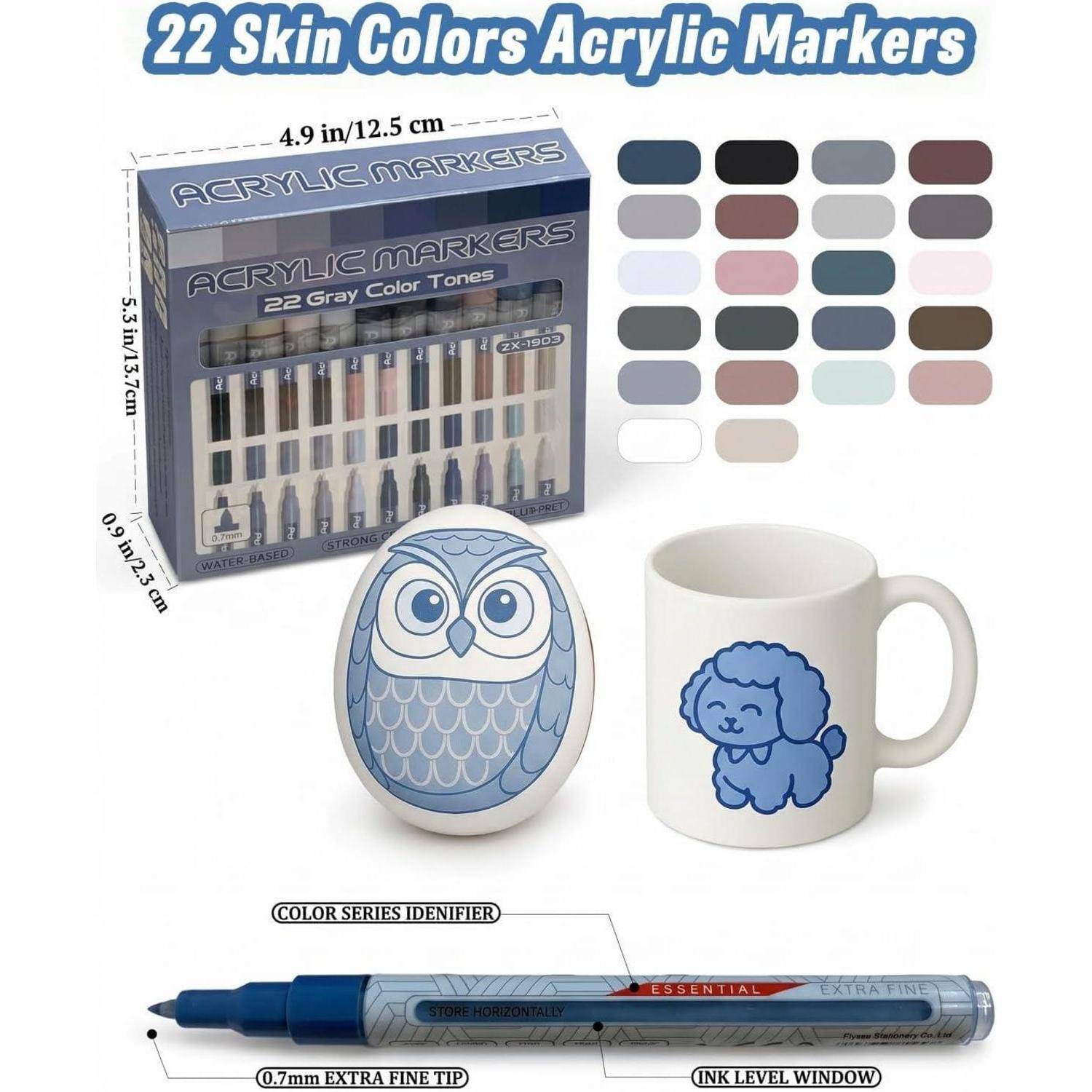 22 hautfarben-Acrylmarker in einem Boxset, gezeigt mit Farbmustern und Anwendungsbeispielen auf einem Ei und einer Tasse, plus eine Nahaufnahme der Markerspitze.
