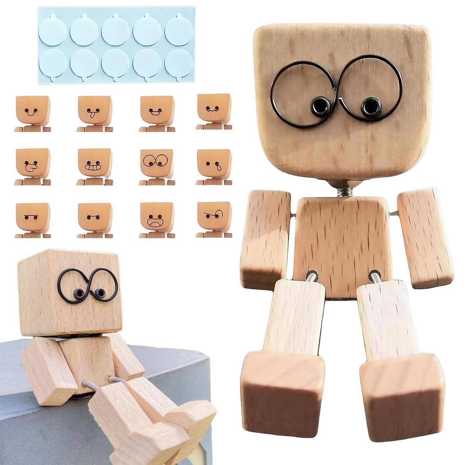 Holzspielzeugfigur mit austauschbaren Gesichtsteilen und Ausdrucksmöglichkeiten, gezeigt zusammengebaut und sitzend, mit kleinen Gesichtsdesign-Beispielen und Ersatzteilen