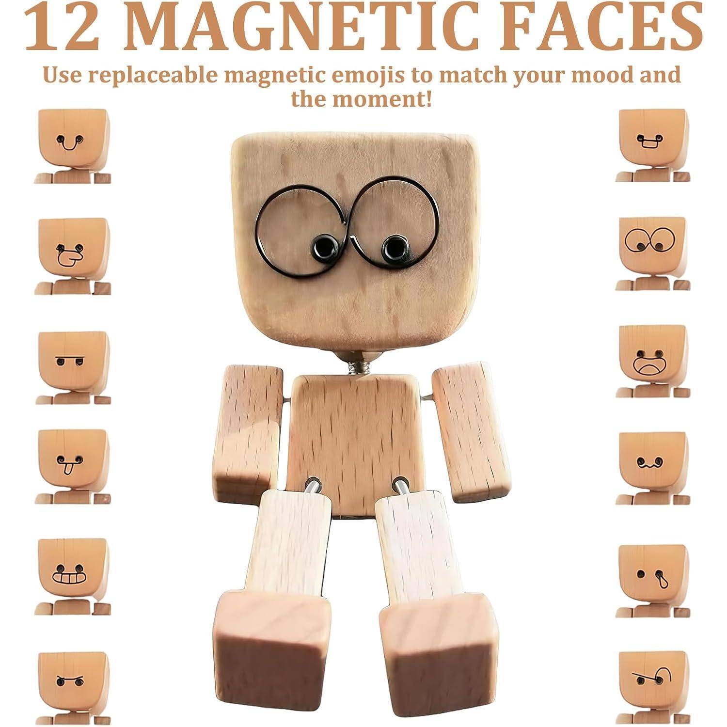 Wackelfigur Holzfigur Wackelnde Wackelmännchen Holz Auto, Mit 12 Magnetischen Gesichtsausdrücken, Mit 1 Doppelseitigem Klebeband, Wackelfüße Sitze