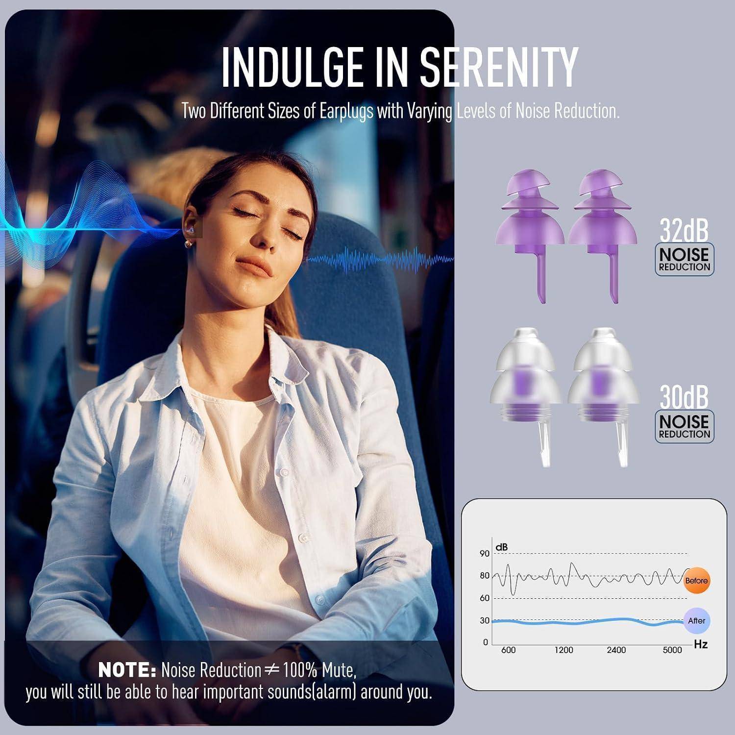 Werbung für Ohrstöpsel mit einer schlafenden Frau und zwei Ohrstöpselgrößen: lila mit 32dB Lärmreduktion und weiß mit 30dB, mit einem Diagramm zum Vergleich der Lärmwerte vor und nach.