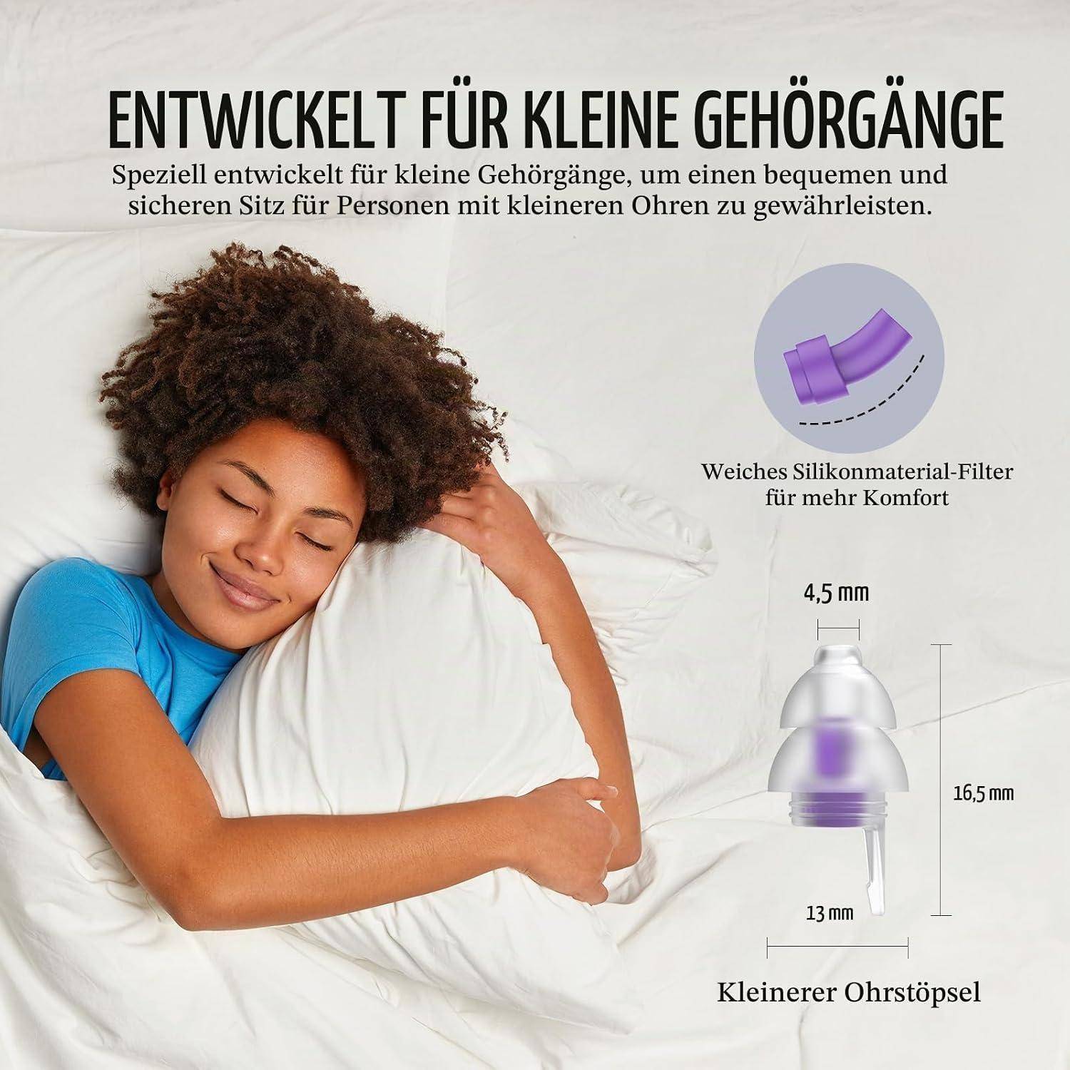 Werbung für kleine Ohrstöpsel, die eine schlafende Frau zeigt und den Text „Entwickelt für kleine Gehörgänge