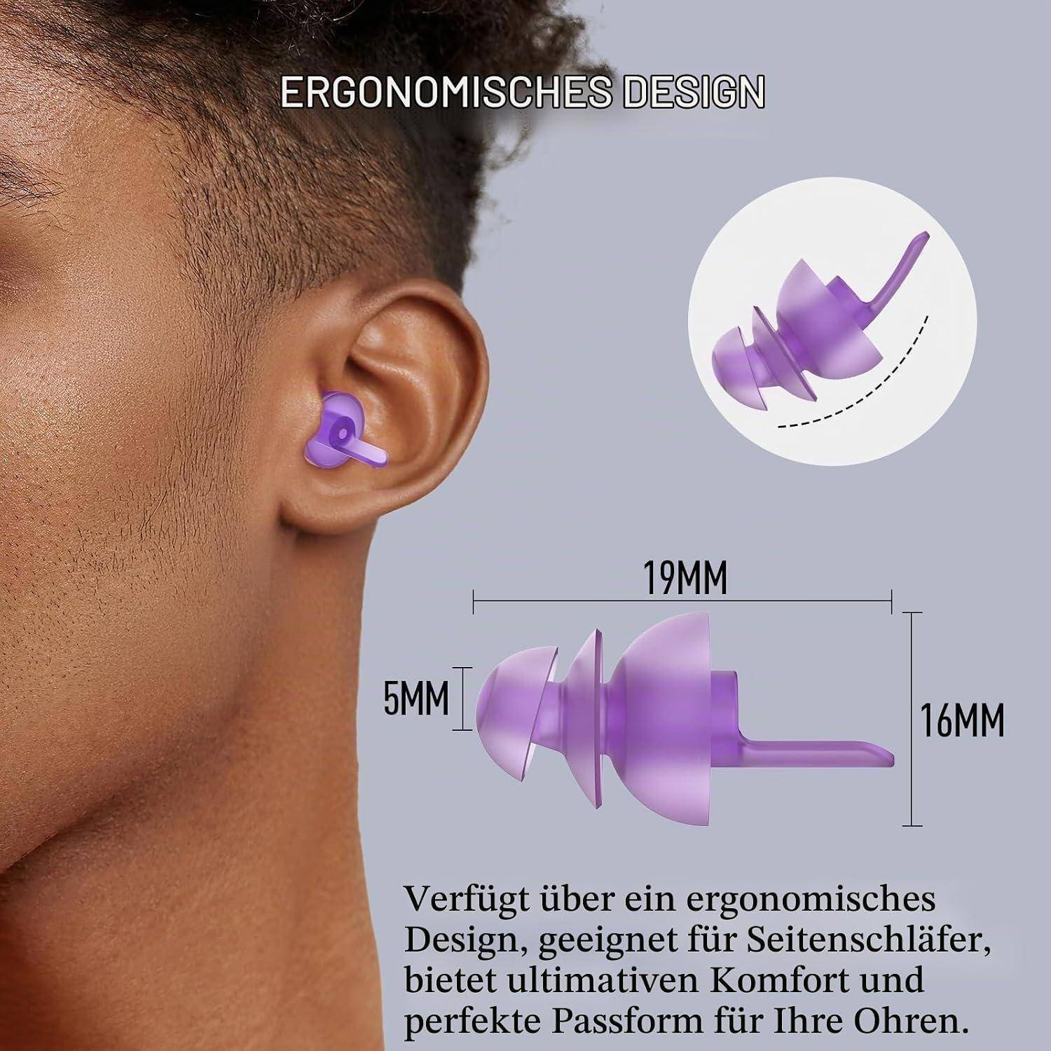 Foto eines Ohrs einer Person, die einen lila ergonomischen Gehörschutzstöpsel trägt; Ausschnitt und Messungen zeigen sein Design, auf Deutsch als bequem für Seitenschläfer gekennzeichnet.