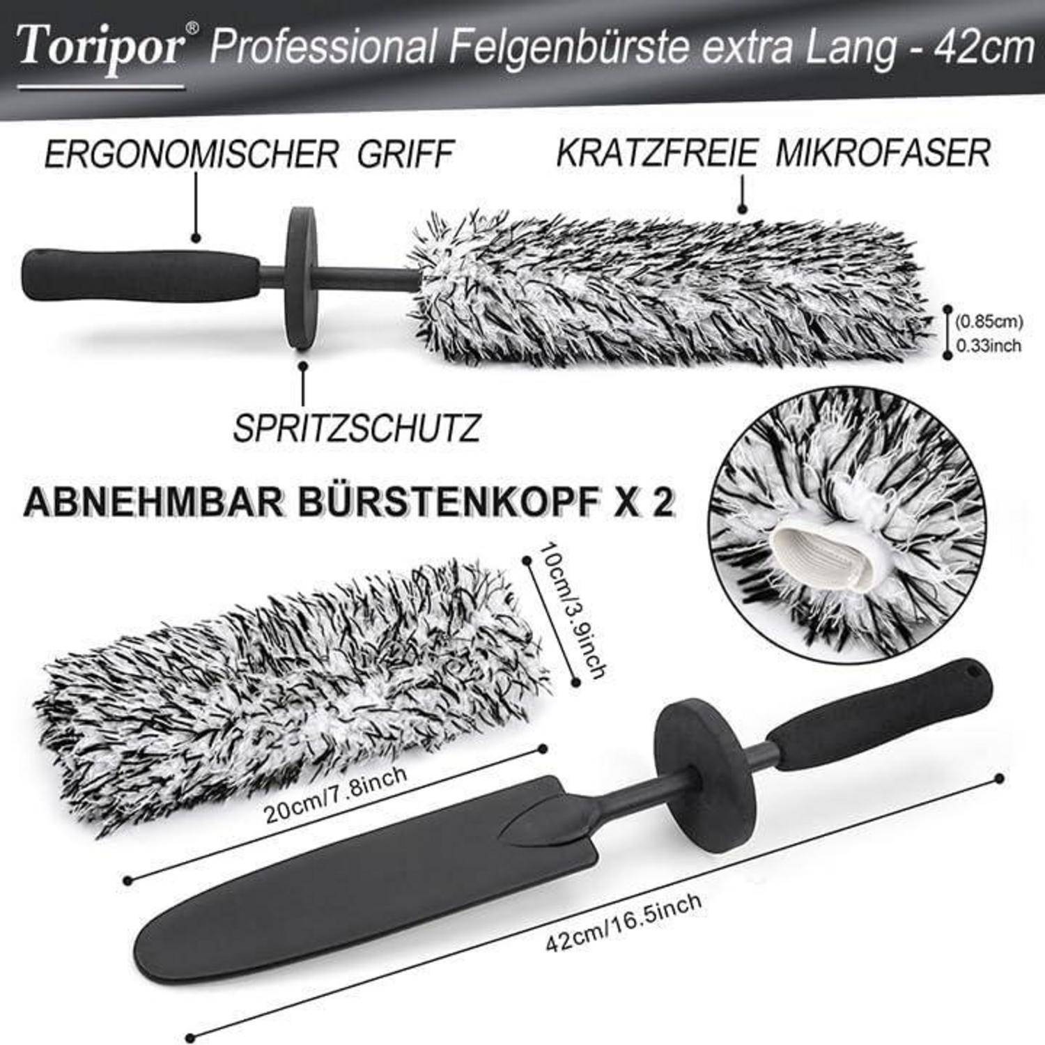 Profi Mikrofaser Felgenbürste extra dünn - mit Auto Detailing Brush, Lang Felgen Felgenreiniger Bürste Car Wheel Brush für schonende Reinigung bis