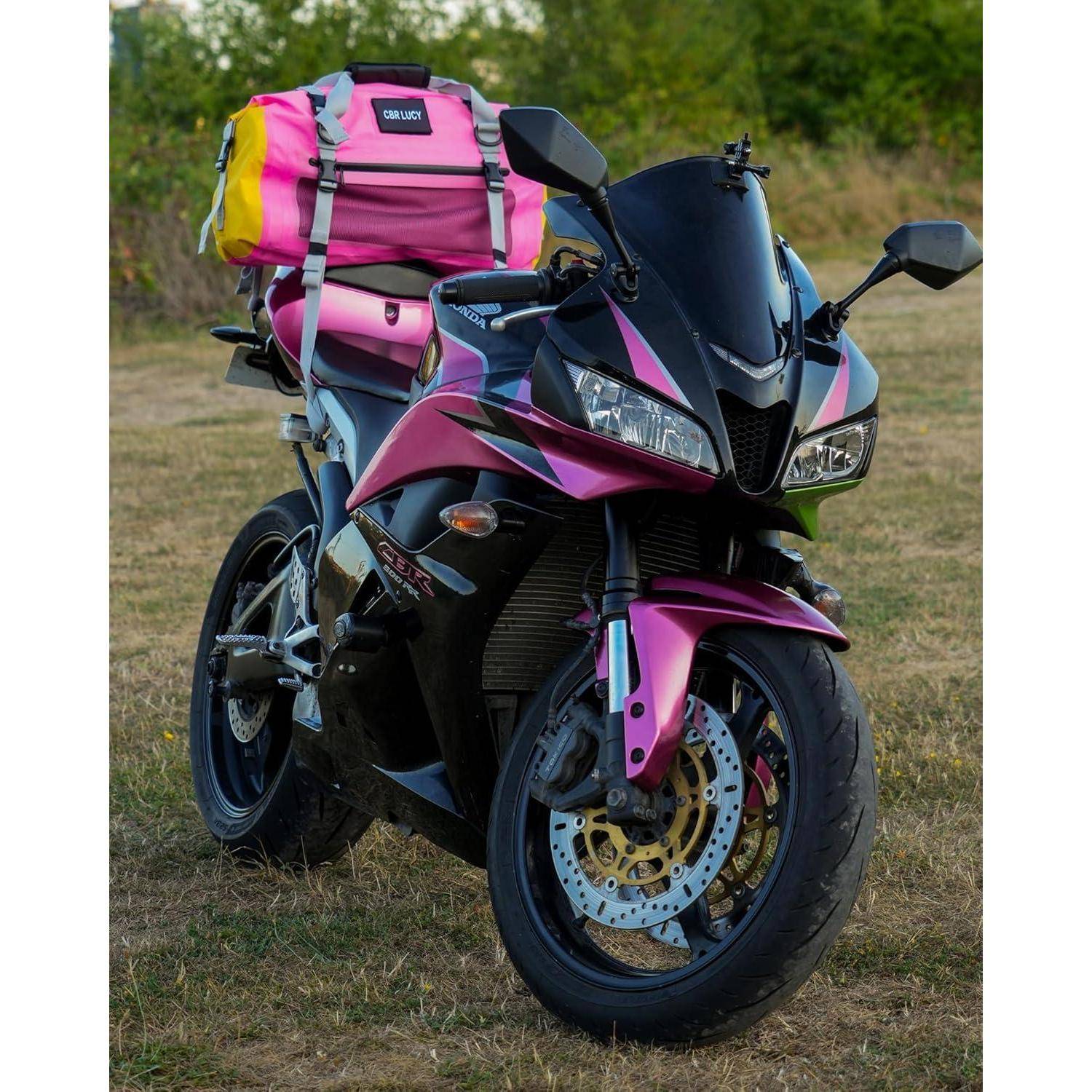 Rosa-schwarzes Sportmotorrad auf Gras geparkt mit einer passenden rosa Gepäcktasche, die am Heck befestigt ist.