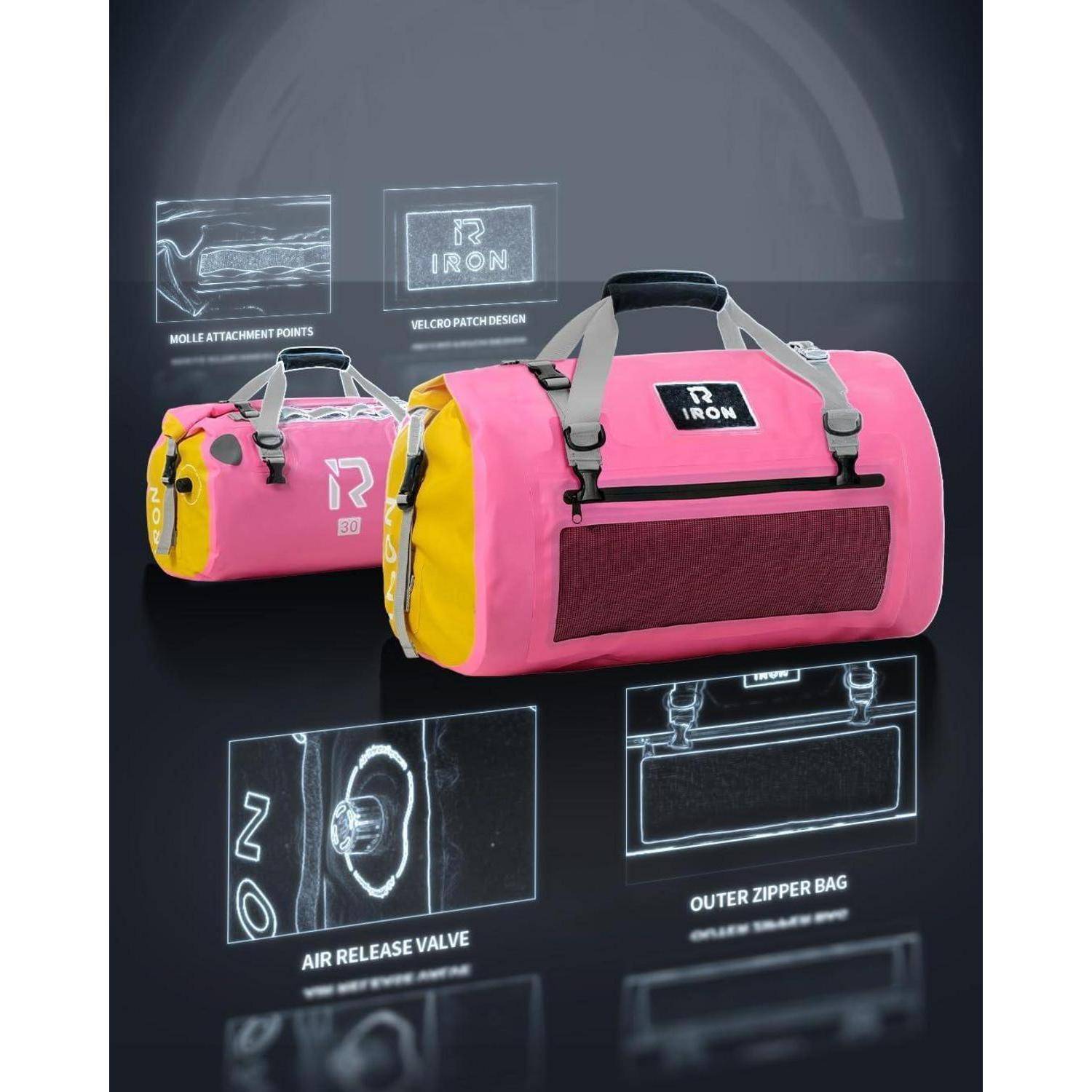 Rosa und gelbe Reisetasche mit "IRON""-Logo, gezeigt mit Produktbeschriftungen für Befestigungspunkte, Klettband-Patch, Luftablassventil und äußere Reißverschlusstasche.