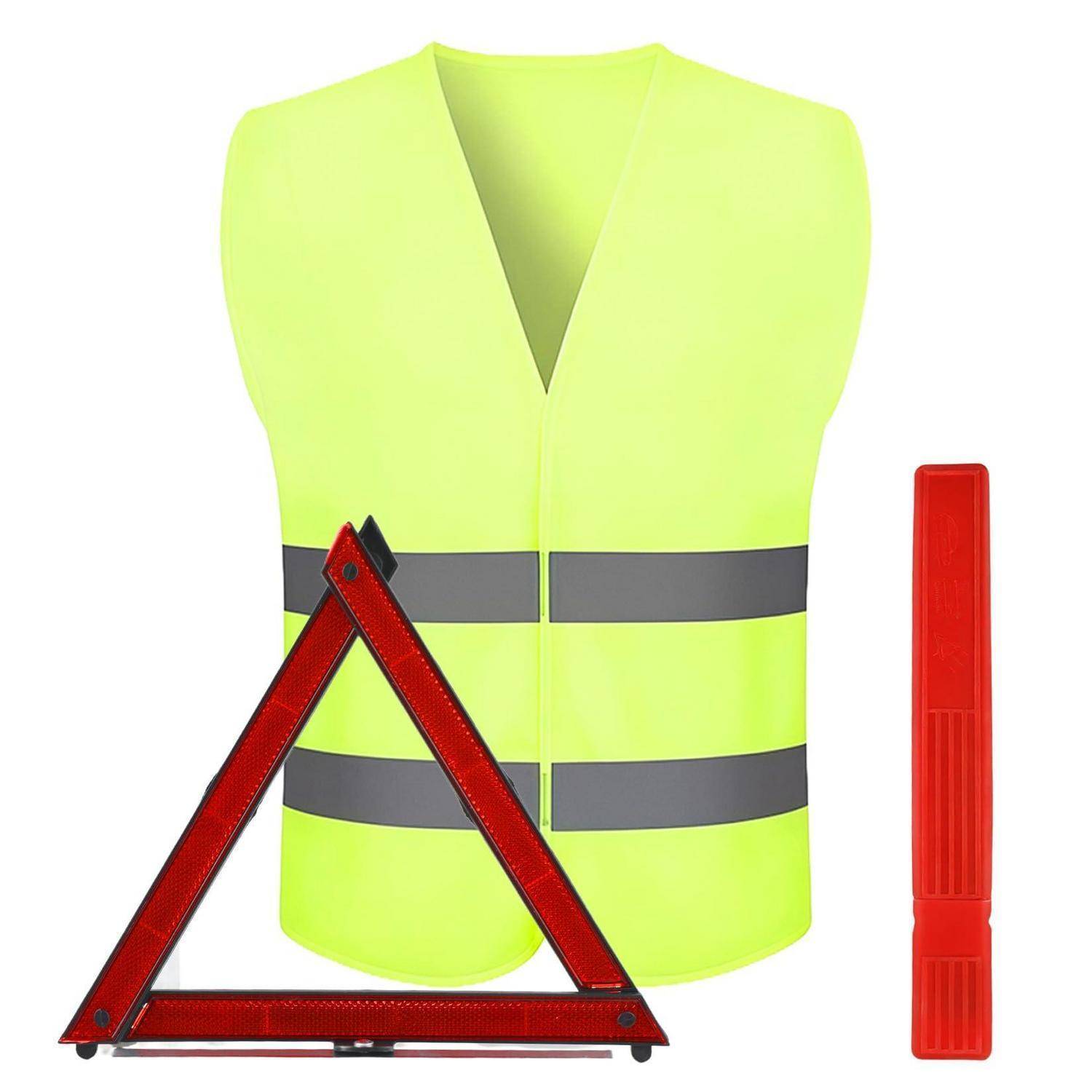 Warnweste in Signalgelb mit reflektierenden Streifen, dargestellt mit Warndreieck in Rot und rotem Warnlicht auf weißem Hintergrund.