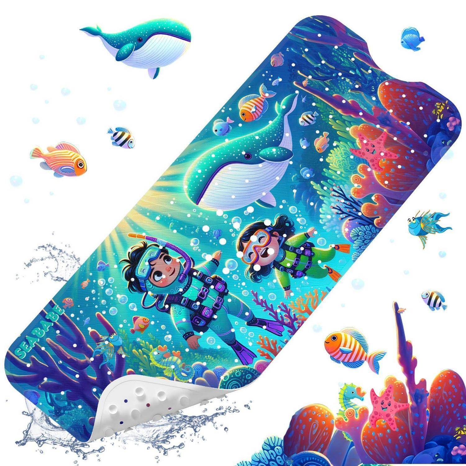 Stilisiertes Smartphone zeigt zwei Taucher, die ein buntes Korallenriff mit tropischen Fischen und Walen unter Wasser erforschen.