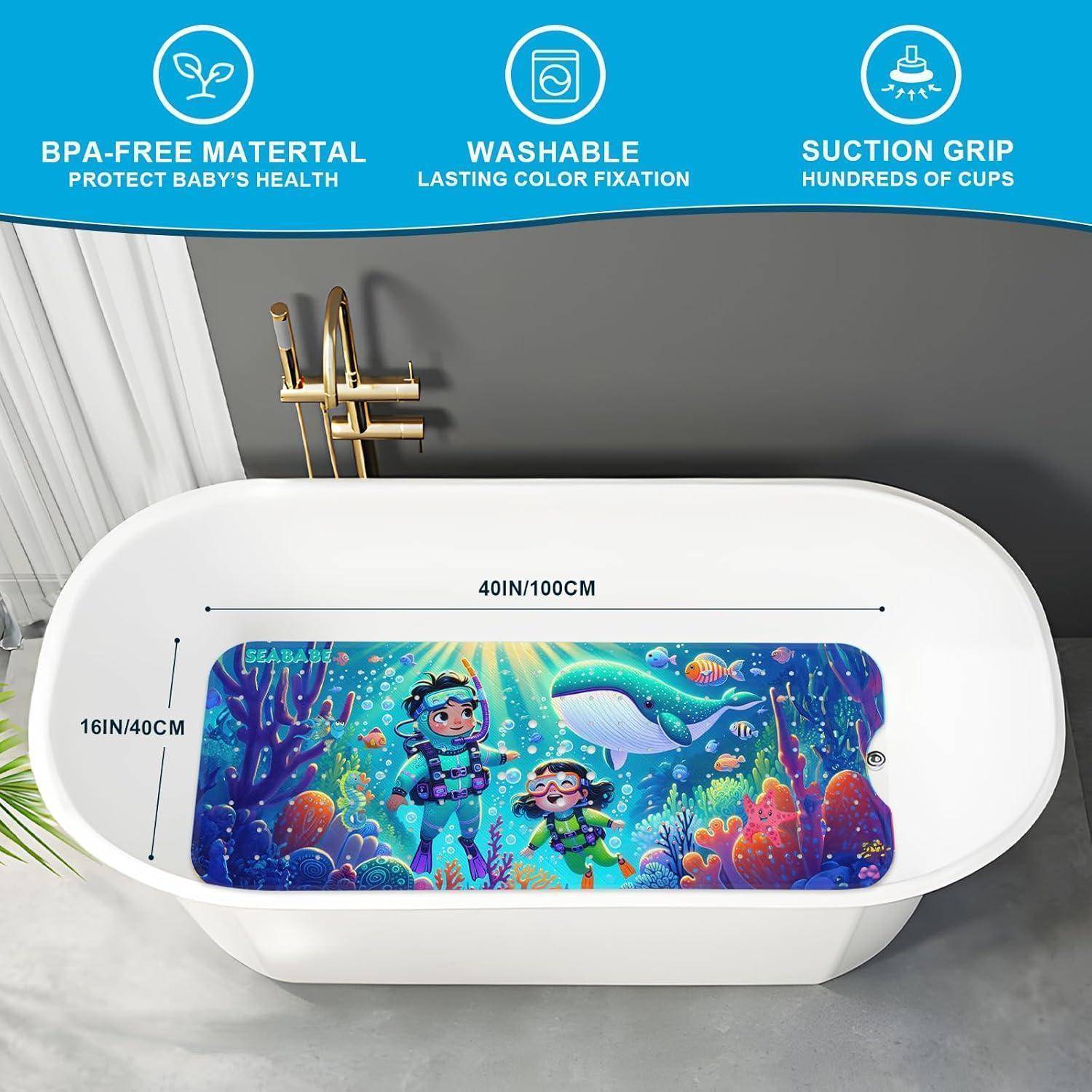 Weiße ovale Babybadewanne mit farbenfrohem Unterwasser-Druck, mit den Maßen 40 cm/100 cm x 16 cm/40 cm gekennzeichnet, mit BPA-frei, waschbar und rutschsicherer Sauggriff-Eigenschaften.
