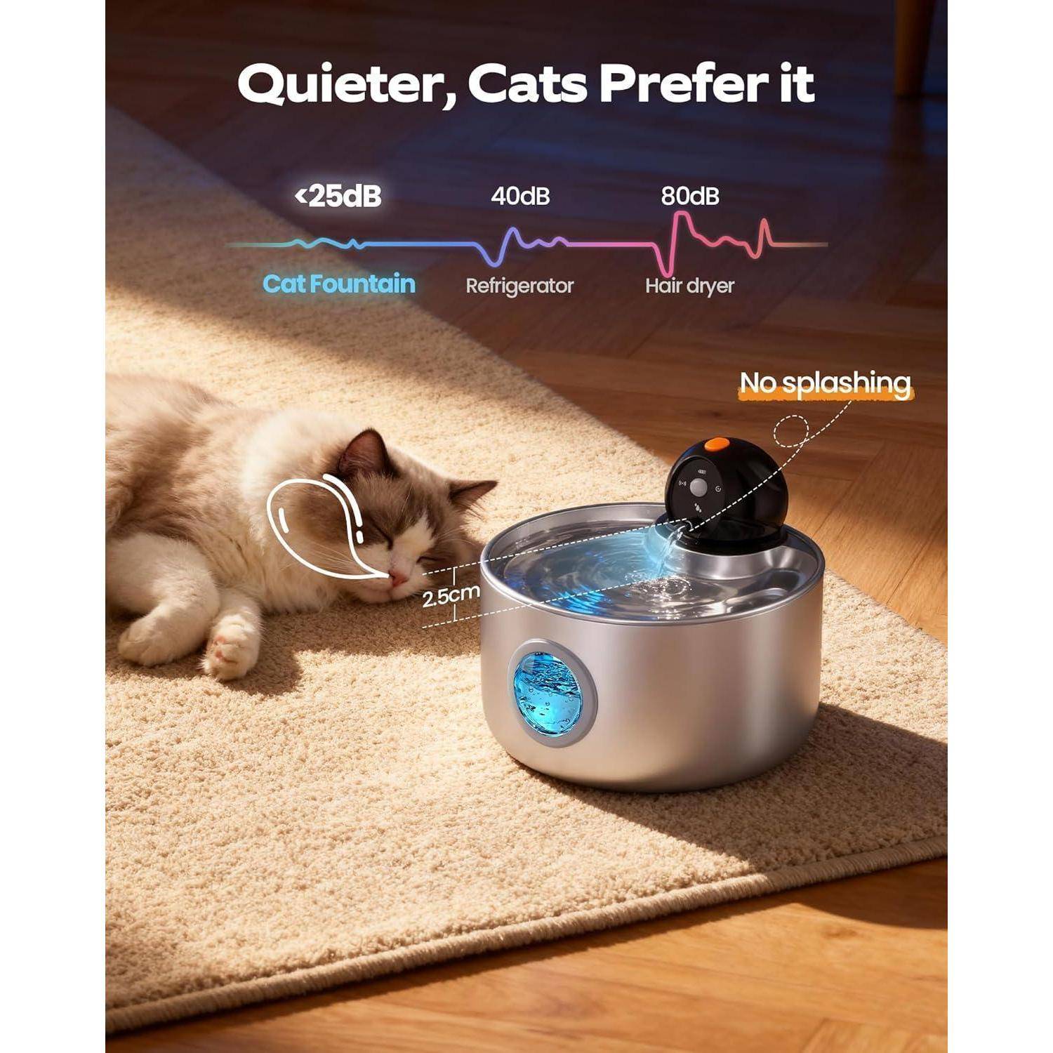 Anzeige für einen leisen Katzenbrunnen: Katze ruht neben dem Brunnen, mit Text „Leiser, Katzen bevorzugen es" und Geräuschvergleich unter 25 dB, Kühlschrank 40 dB, Haartrockner 80 dB.