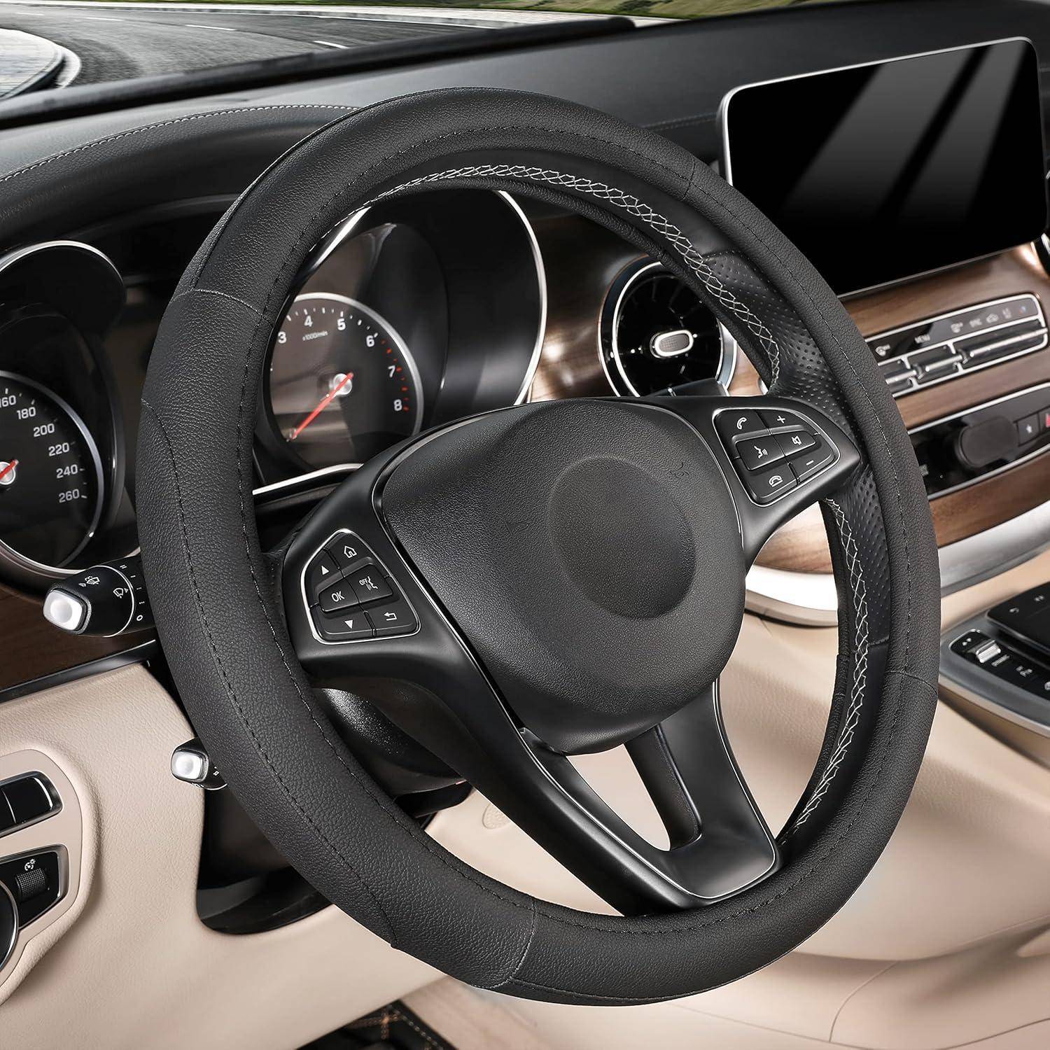 SEG Direct Lenkradbezug für Auto, Standard-Mittelgröße 37-39 cm, Auto-Innenausstattung, schwarzes Mikrofaserleder 2.Mittlere Größe[37-39cm] Schwa