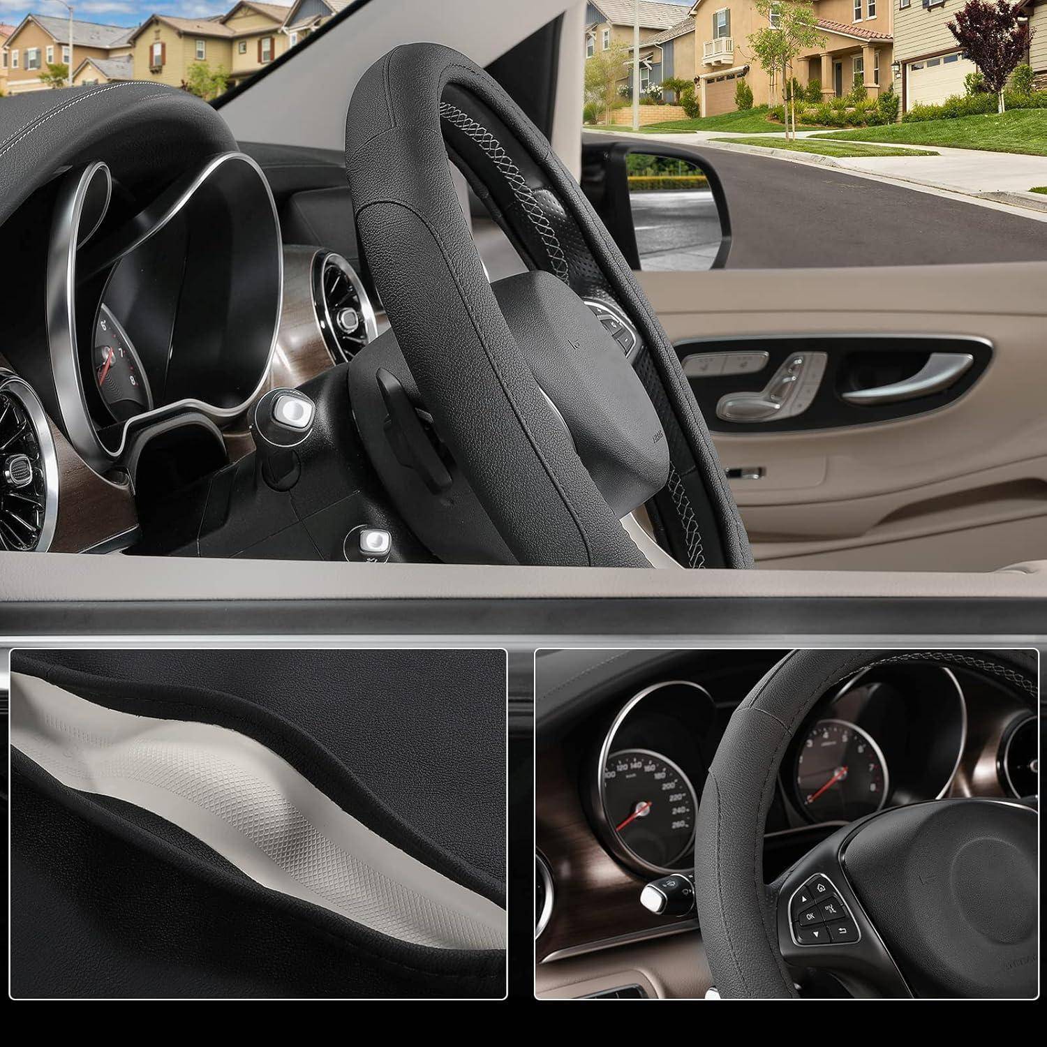SEG Direct Lenkradbezug für Auto, Standard-Mittelgröße 37-39 cm, Auto-Innenausstattung, schwarzes Mikrofaserleder 2.Mittlere Größe[37-39cm] Schwa
